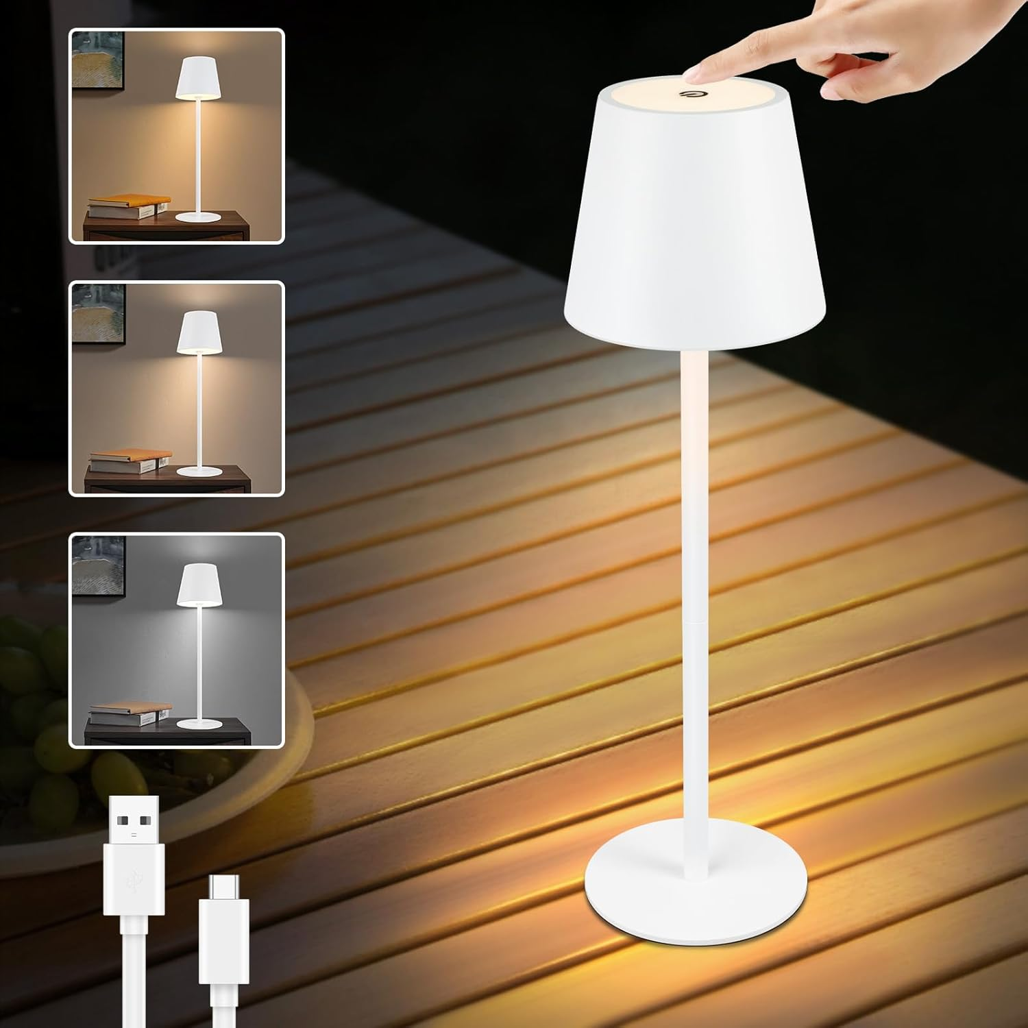 Biała lampa sterowana dotykiem na drewnianym stole. Cylindryczna podstawa, stożkowy abażur, kable USB.