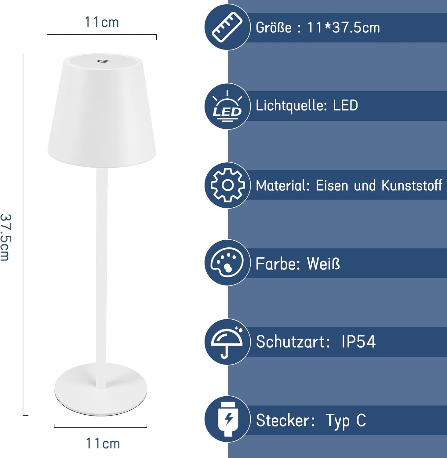 Biała lampa stołowa z cylindrycznym kloszem, wymiarami i etykietami ikon.