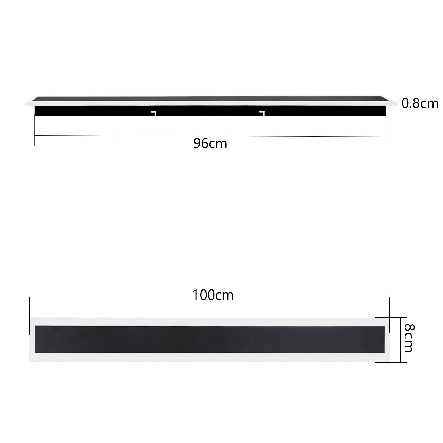 Due rettangoli neri con dimensioni. In alto: 96 cm di lunghezza, 0,8 cm di spessore. In basso: 100 cm di lunghezza, 8 cm di larghezza.