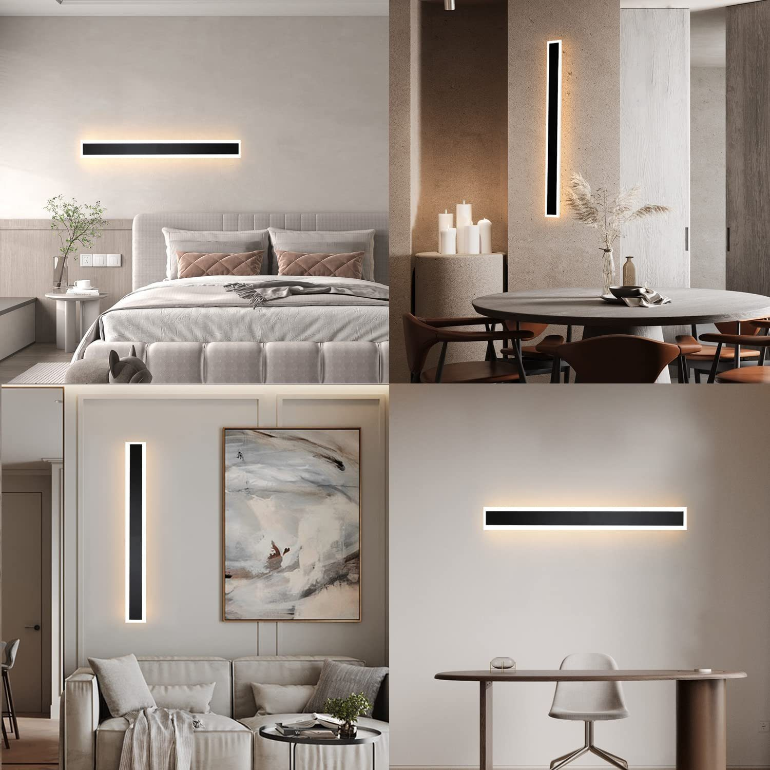 Quattro immagini che mostrano lampade da parete nere rettangolari in diverse stanze.