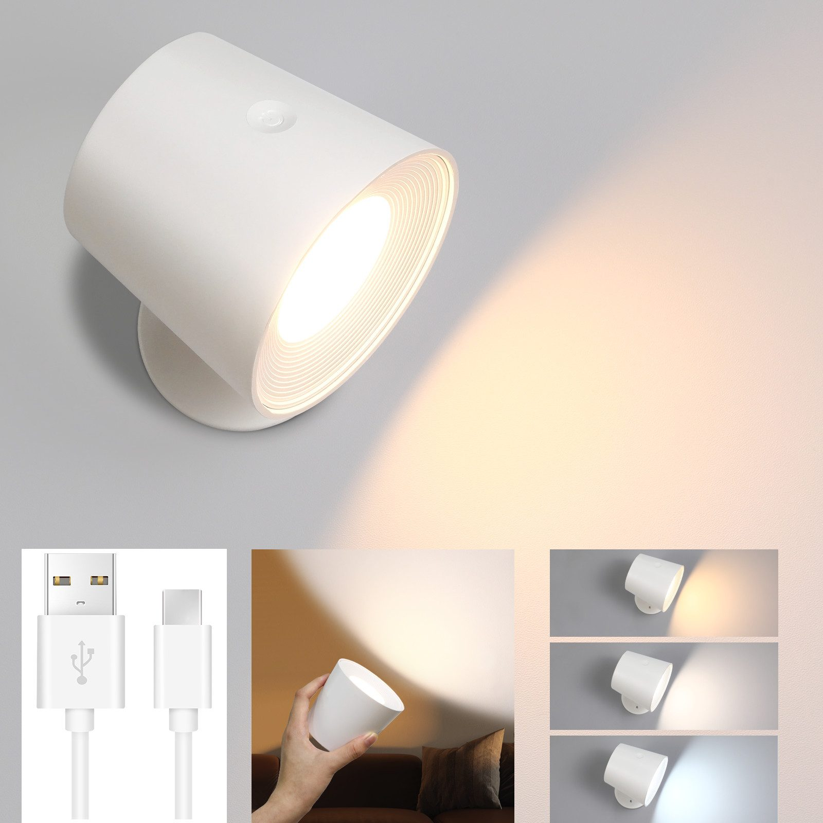 Biały, cylindryczny reflektor z włączonym światłem i innymi widokami światła.