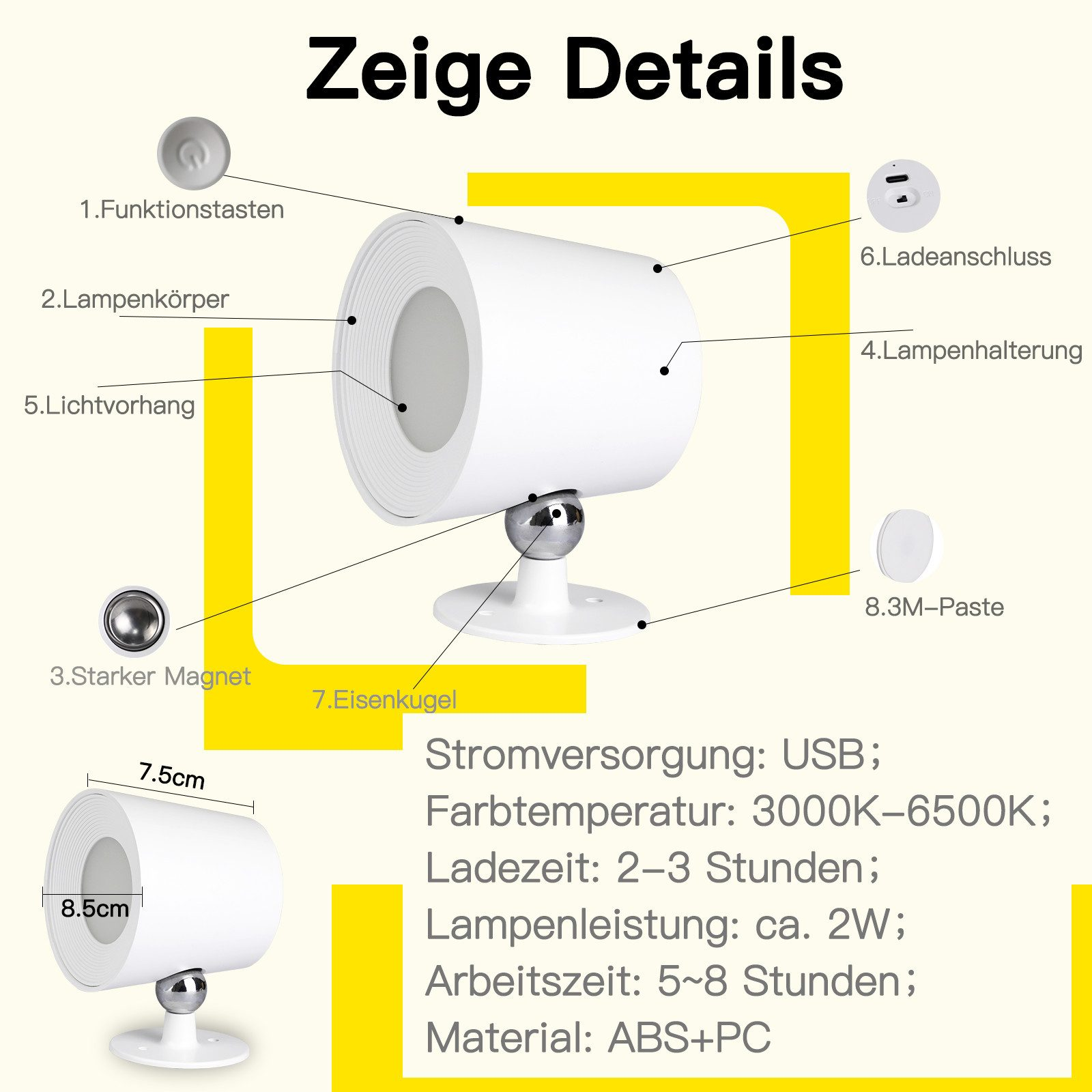 Schemat białej lampy z etykietami wskazującymi części i wymiary. Tekst w języku niemieckim opisuje funkcje.