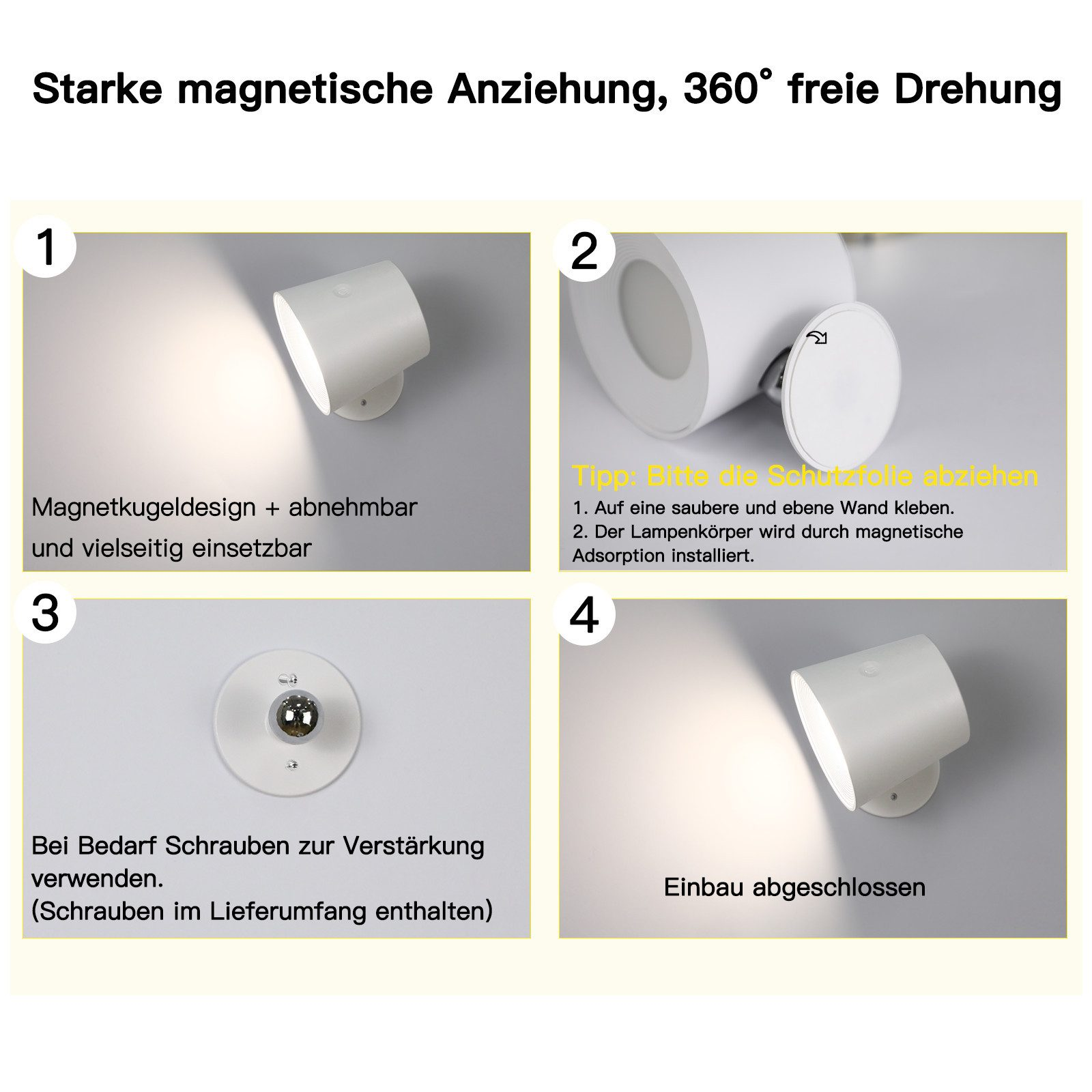 Cztery zdjęcia reflektora pokazujące kroki instalacji z niemieckimi etykietami tekstowymi.