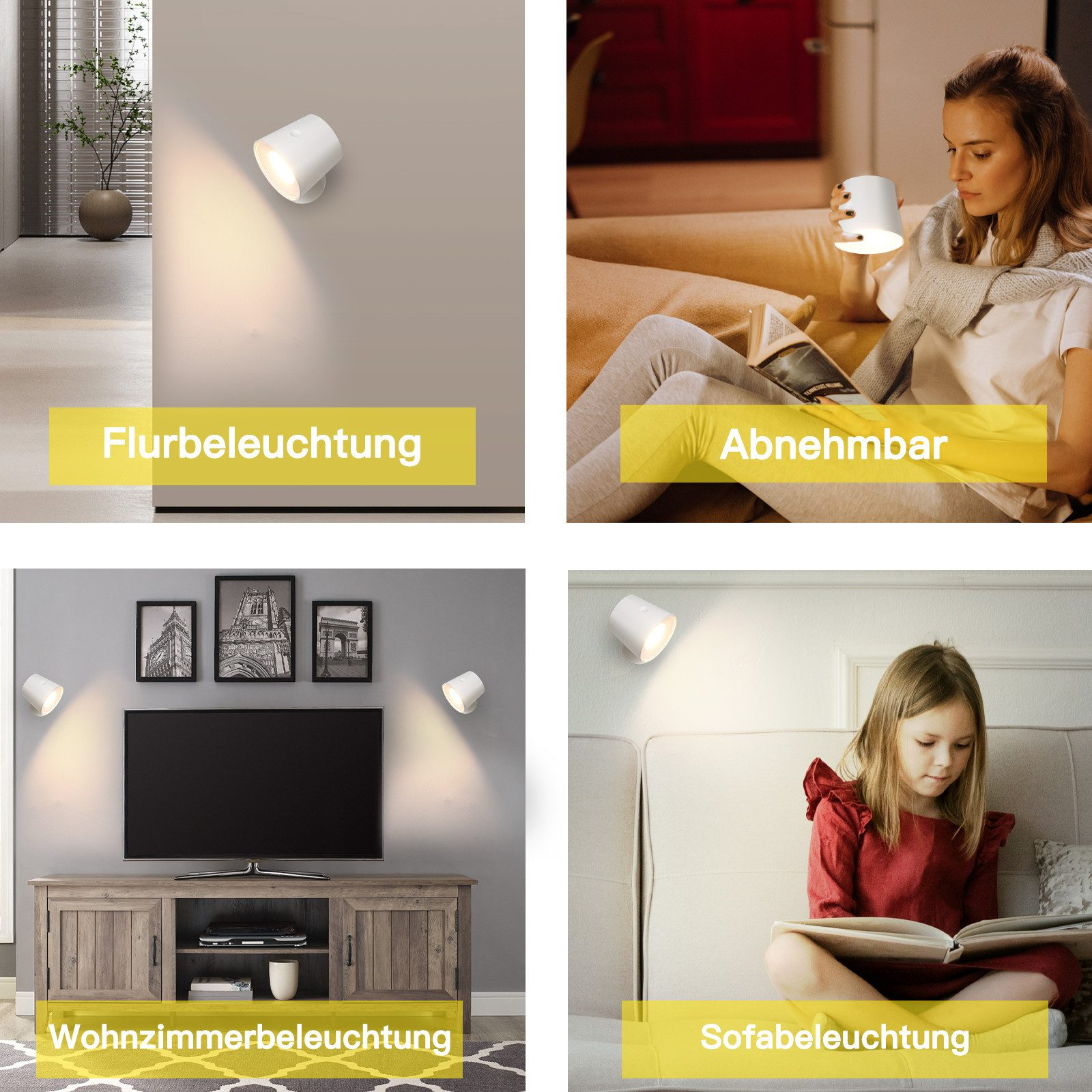 Cztery obrazy przedstawiające białe, okrągłe, montowane na ścianie lampy z różnymi scenami: czytanie, TV i dziecko czytające.