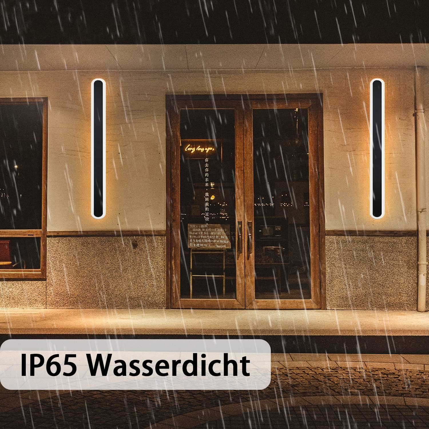 Widok zewnętrzny w nocy. Dwie pionowe lampy flankują drzwi. Pada deszcz. Tekst 'IP65 Wasserdicht' poniżej.