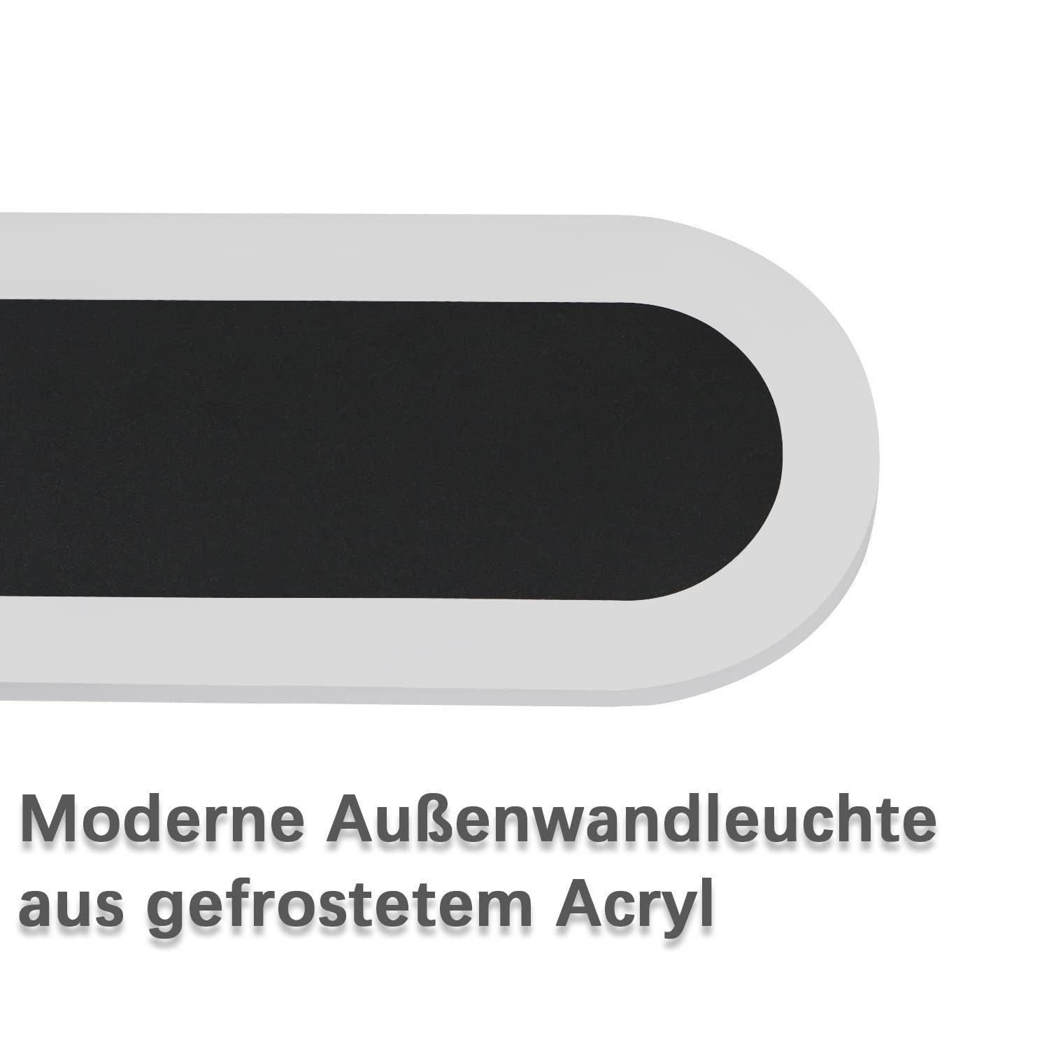 Zbliżenie nowoczesnej zewnętrznej lampy ściennej. Ma białą ramę i czarny matowy akryl.