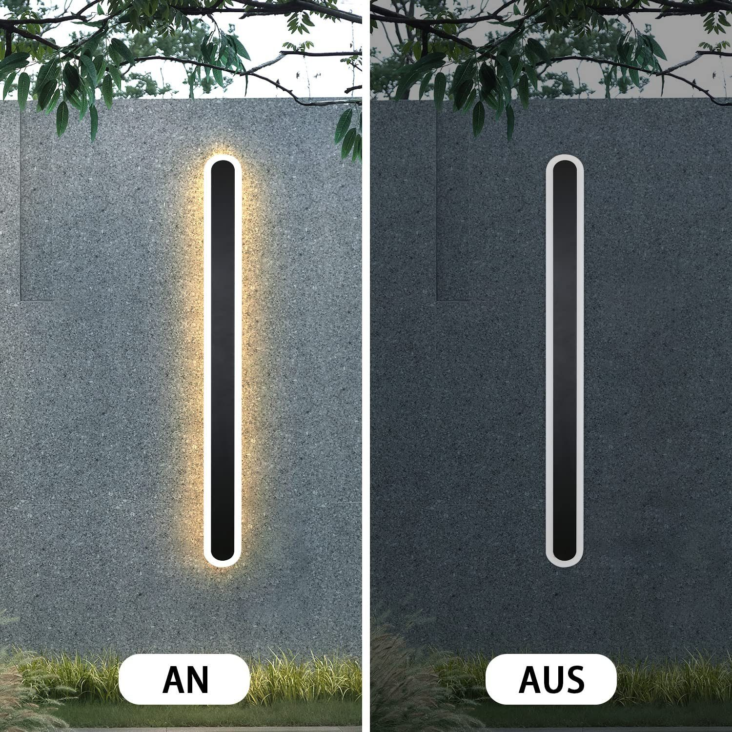 Ściana z podświetlanym pionowym paskiem świetlnym, pokazującym stany 'WŁ.' i 'WYŁ'.