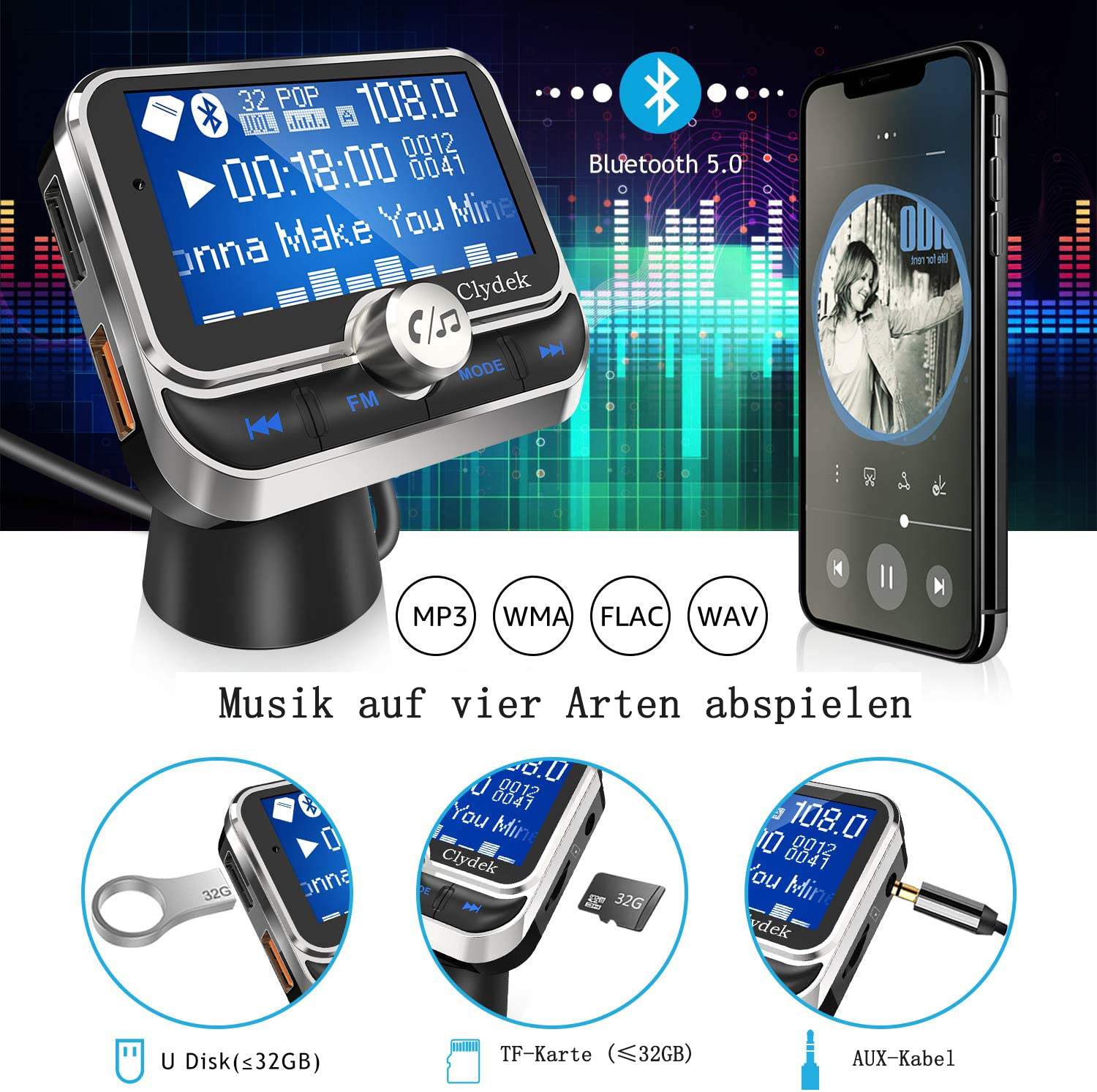 Auto-Audiogerät mit Telefon und mehreren Audioeingangsoptionen.