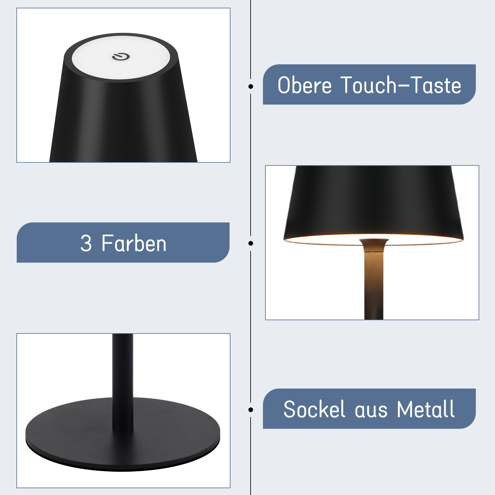 Czarna lampa z przyciskiem dotykowym, metalową podstawą, trzy kolory.