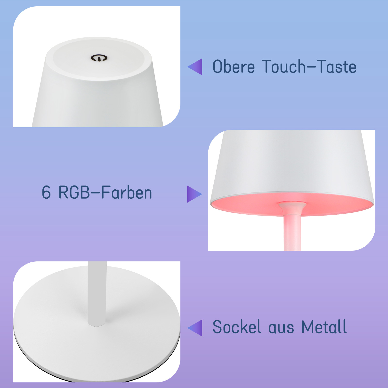 Biała lampa z diagramami pokazującymi punkty dotykowe, 6 kolorów RGB i metalową podstawę.