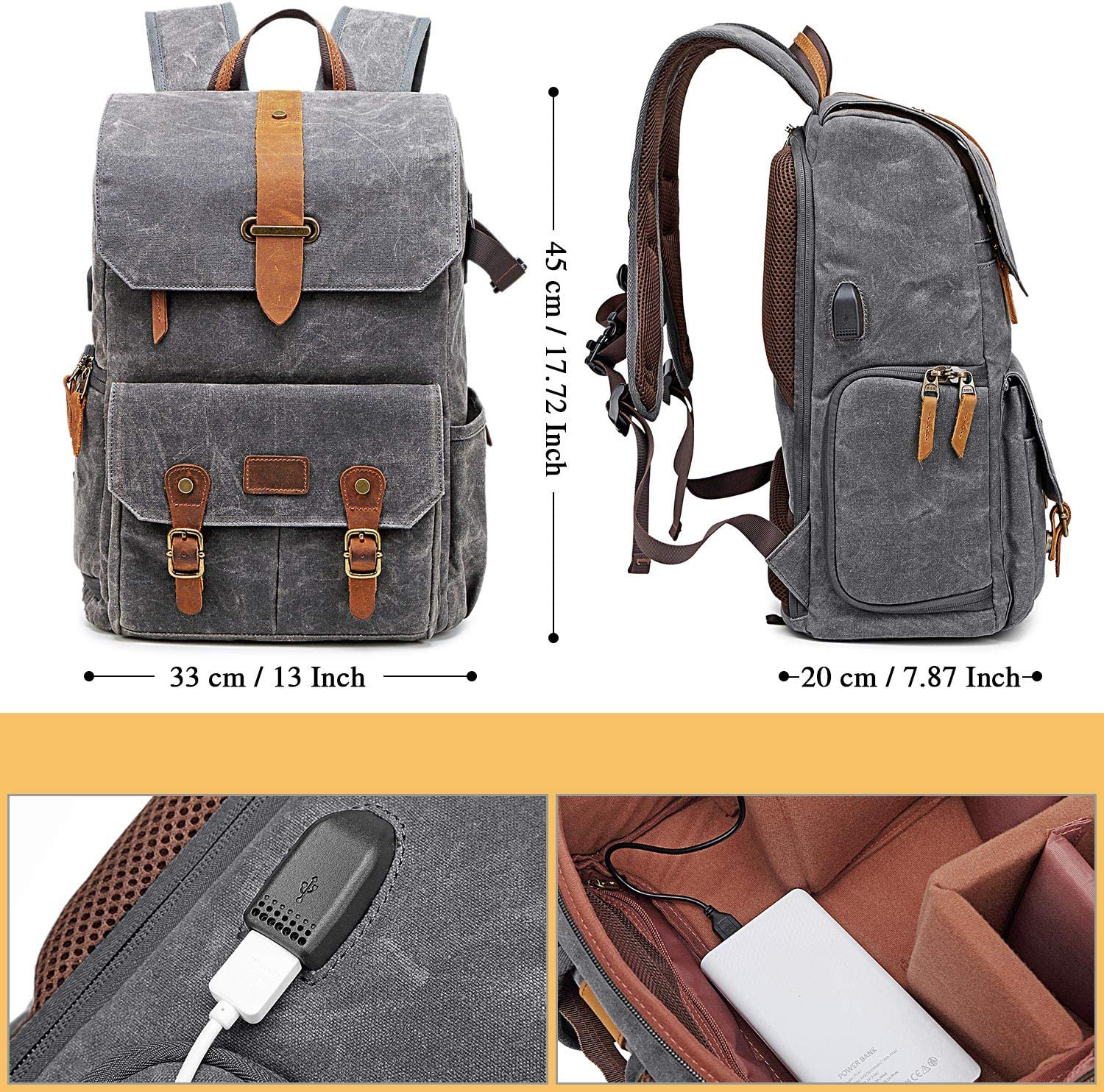 Grauer Canvas-Rucksack mit braunen Lederakzenten. Er hat mehrere Taschen, Gurte und einen USB-Ladeanschluss.