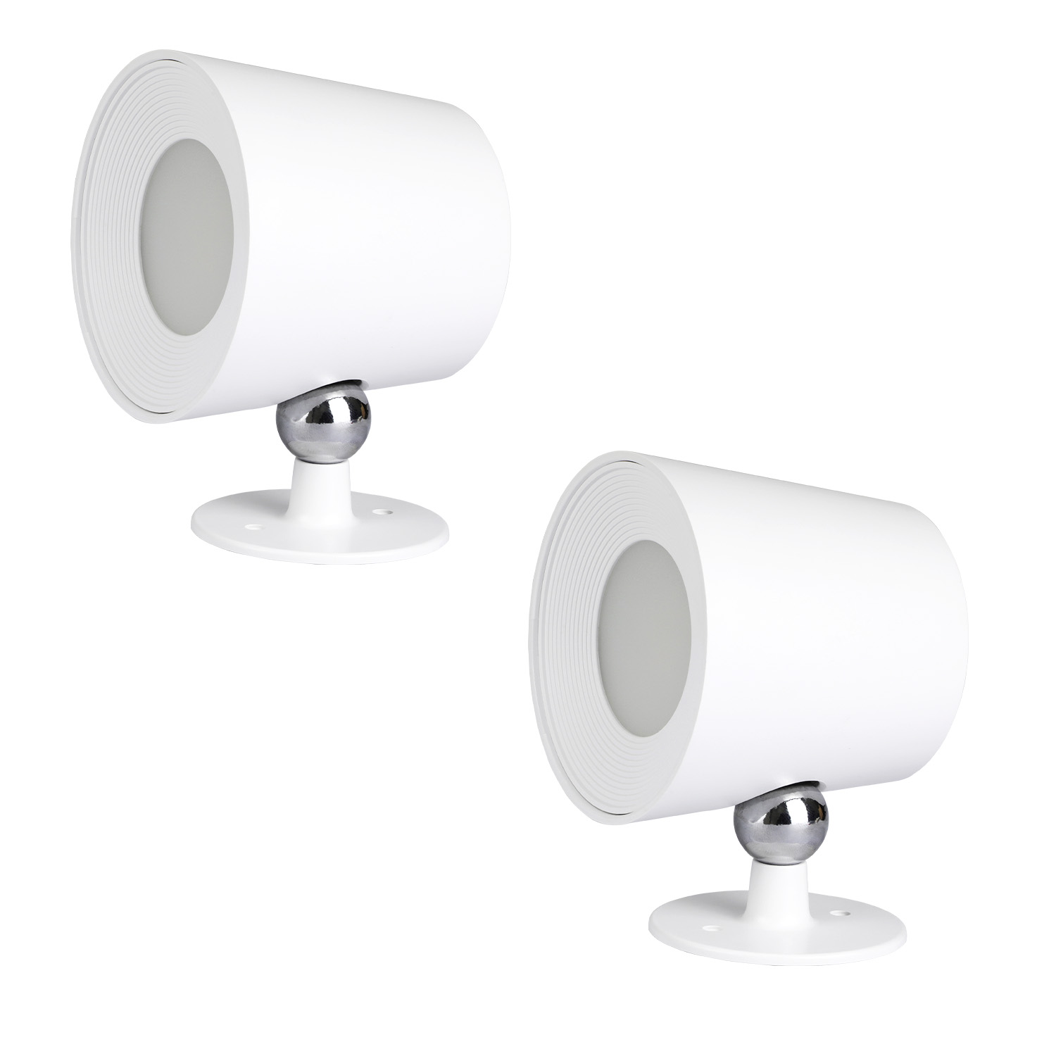 Dwa białe, cylindryczne reflektory ze srebrną kulą i białą podstawą. Na białym tle.