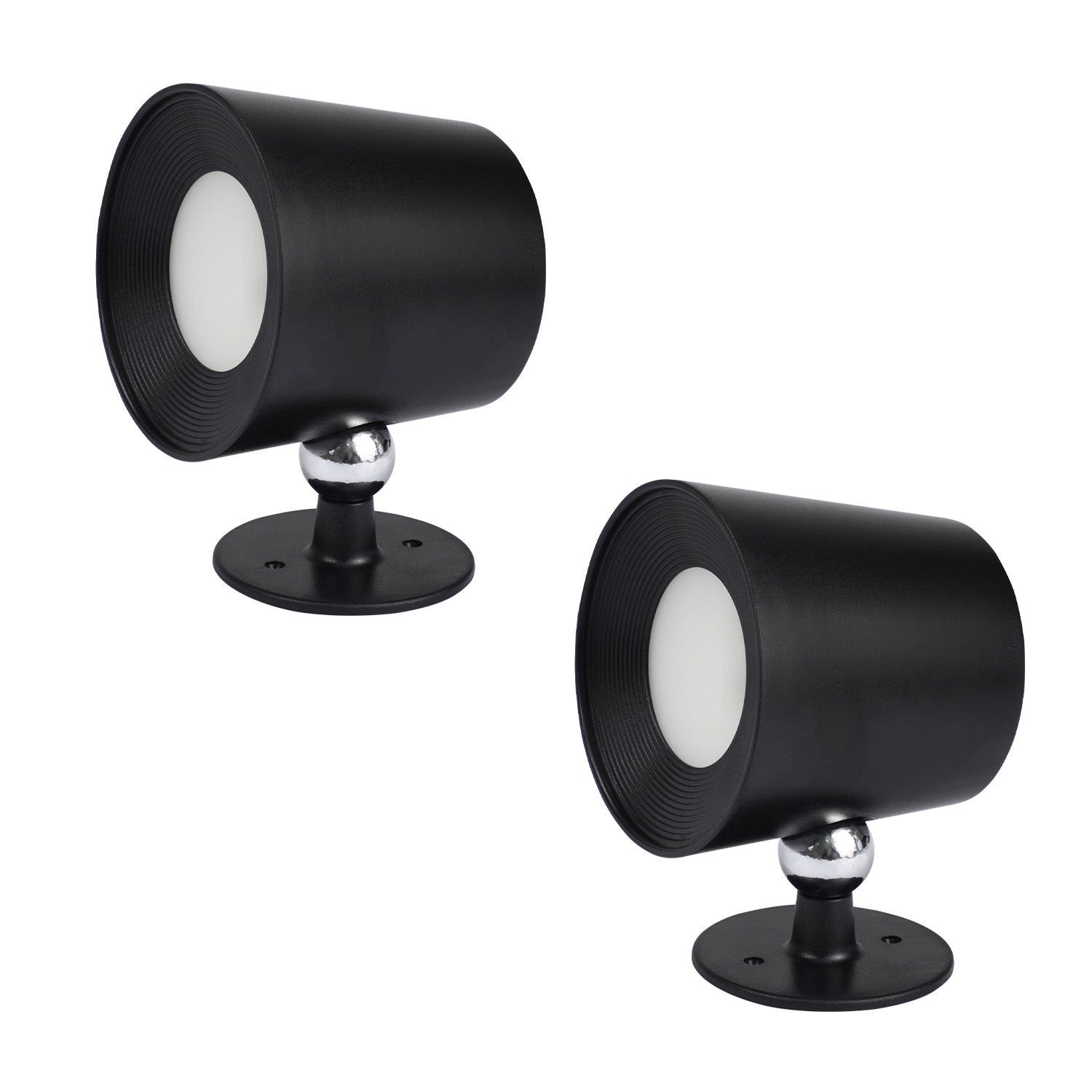 Dwa czarne reflektory cylindryczne z białym światłem. Okrągła czarna podstawa i srebrny akcent.