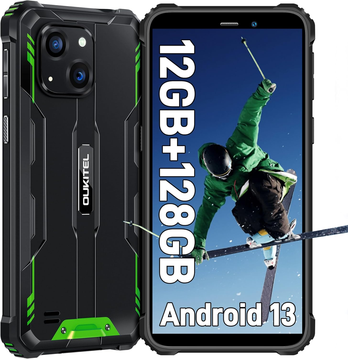 Smartphone robusto nero e verde con schermo grande. Sfondo bianco e testo.