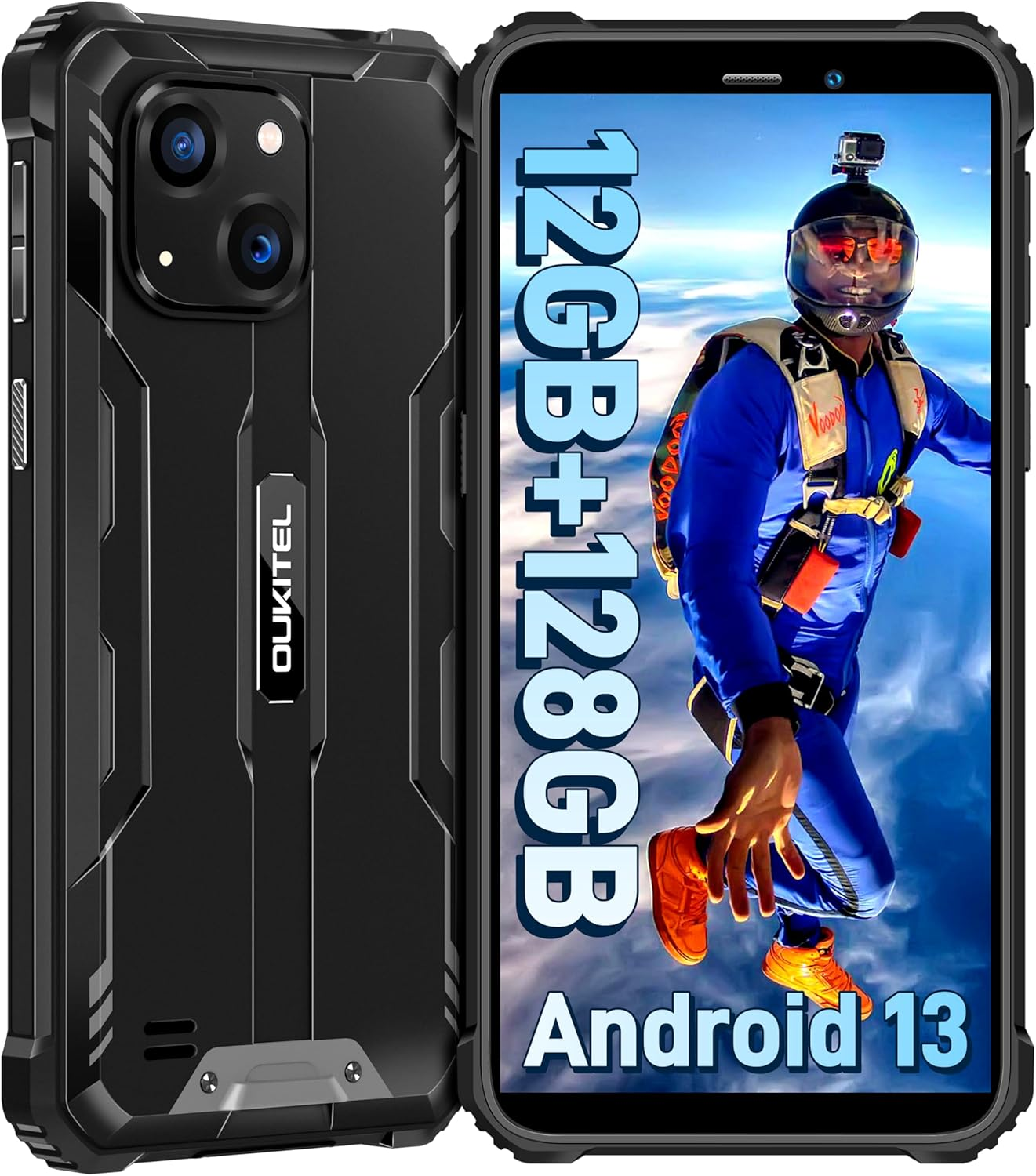 Telefono robusto con custodia nera. Il display mostra un paracadutista. Testo: 12 GB+128 GB, Android 13, OUKITEL.