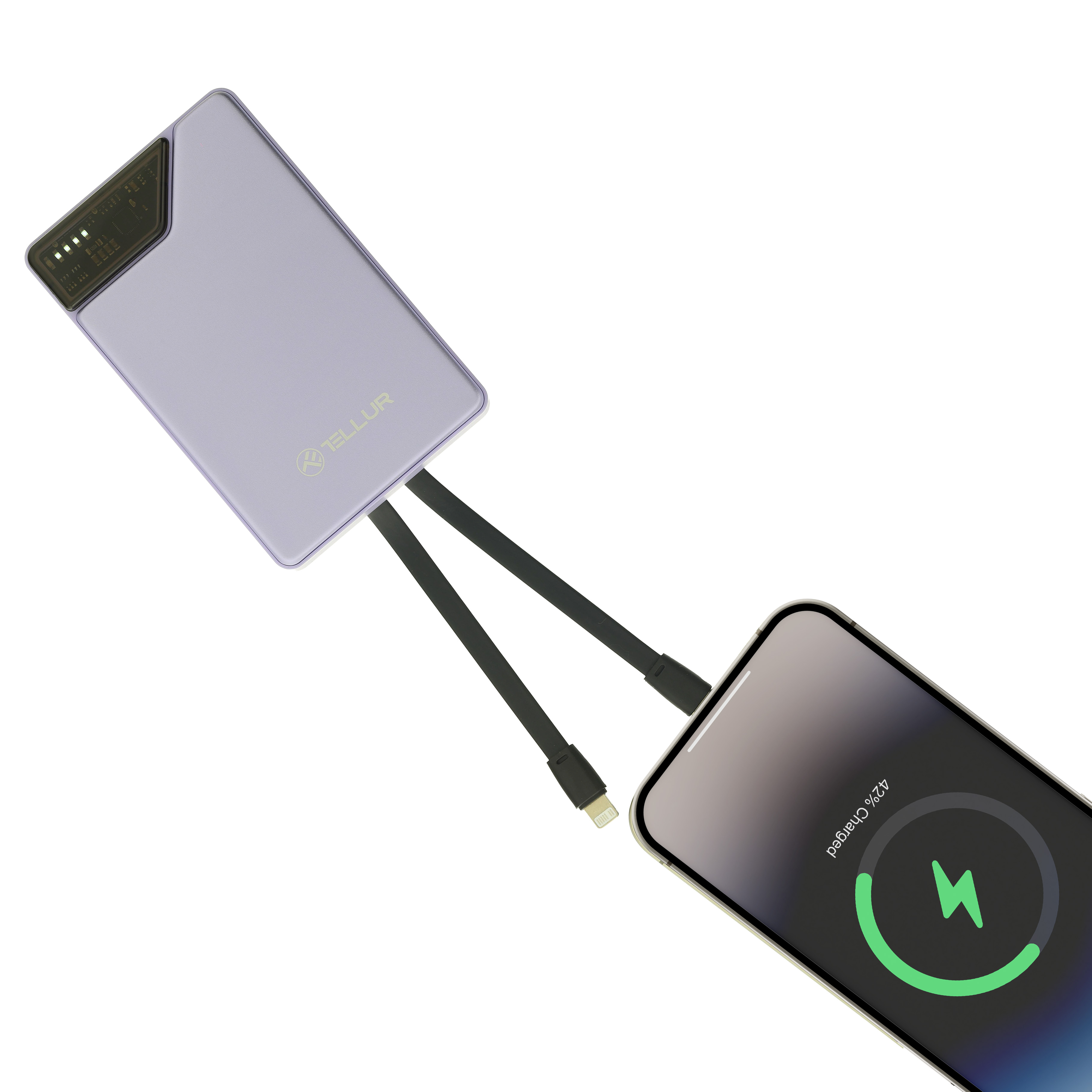 Fioletowy power bank z dwoma czarnymi kablami podłączonymi do telefonu.