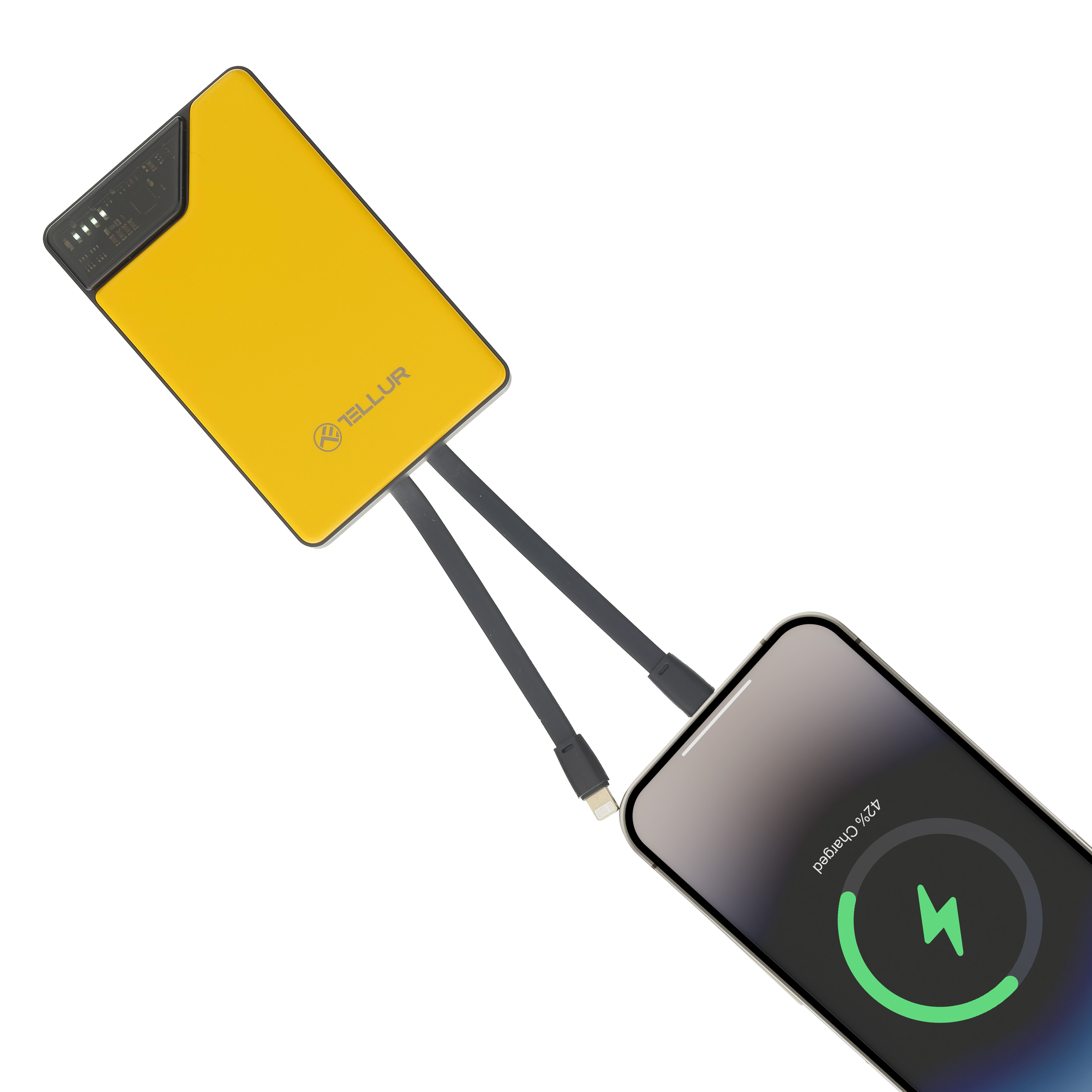 Żółty power bank ładujący telefon kablem Lightning.