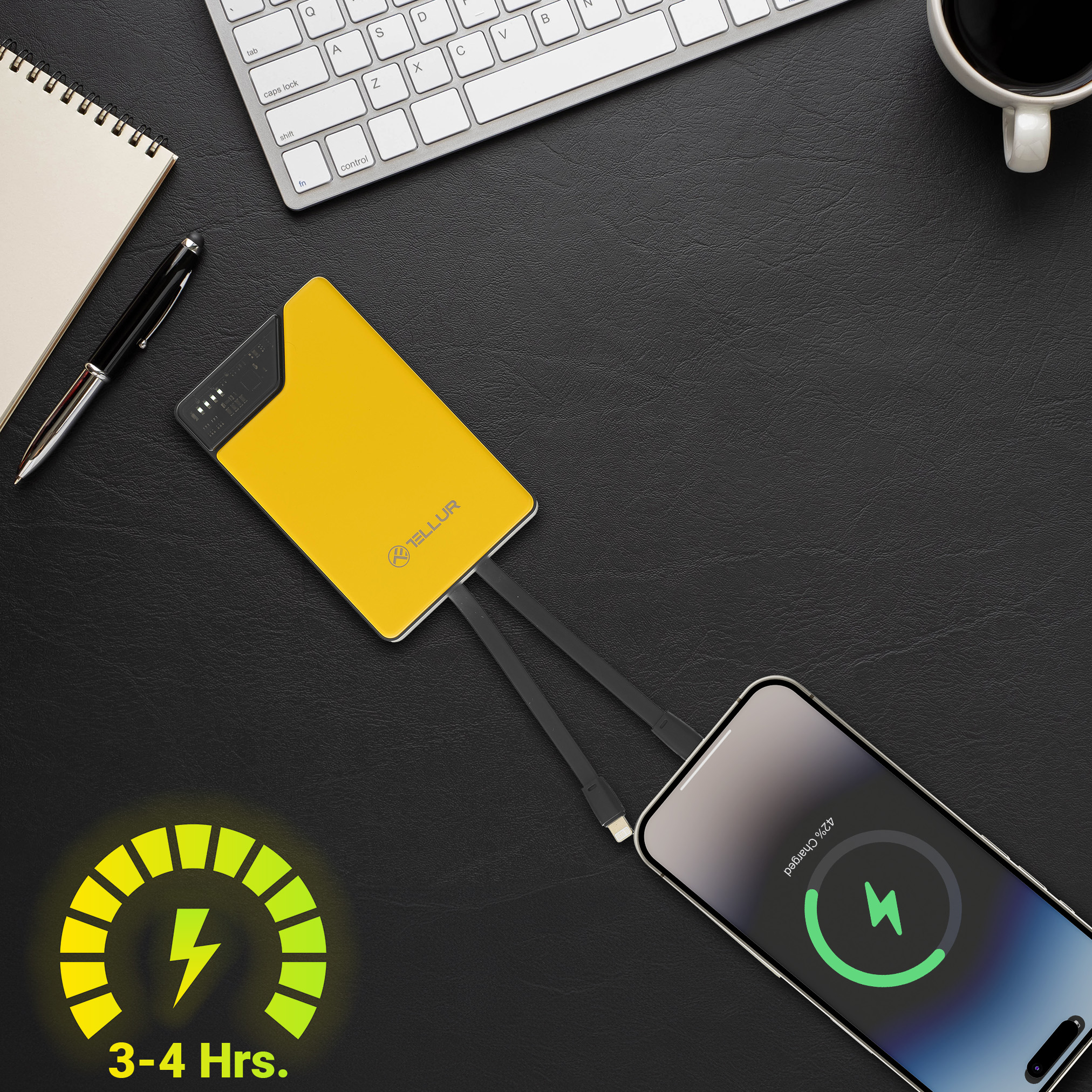 Żółty power bank ładujący telefon. Ekran telefonu pokazuje 42%. Ładowanie 3-4 godz.