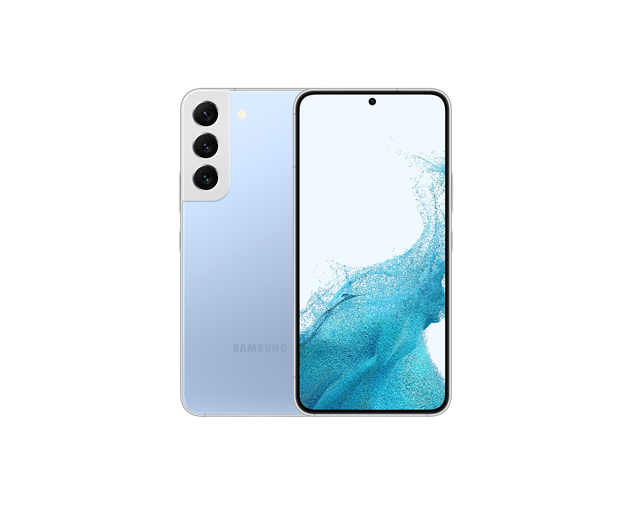 Niebieski smartfon. Z tyłu kamery i logo Samsung, z przodu widać ekran.