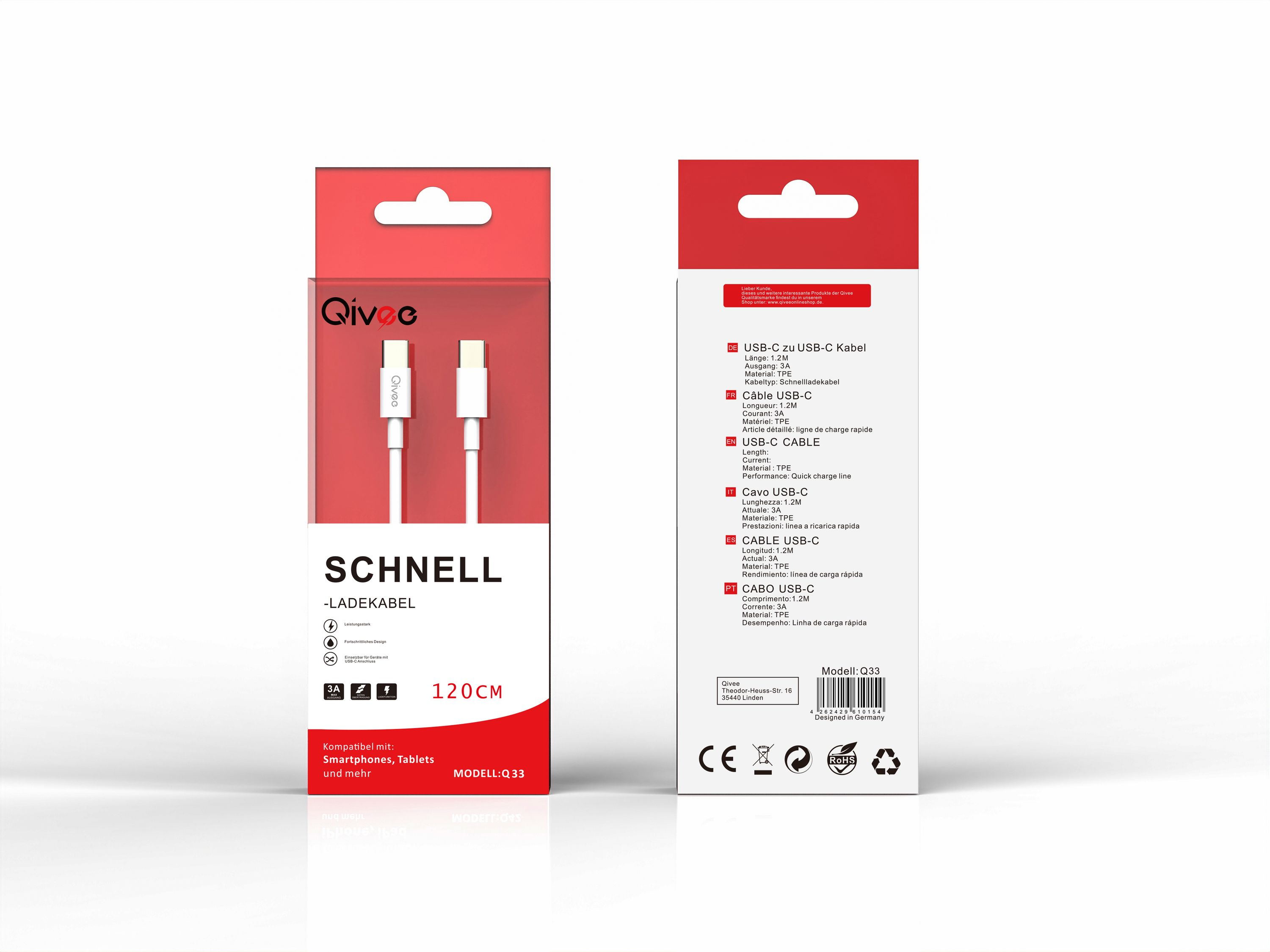 Rote und weiße USB-C-Ladekabelverpackung. Text: Schnell - Ladekabel - 120 cm.