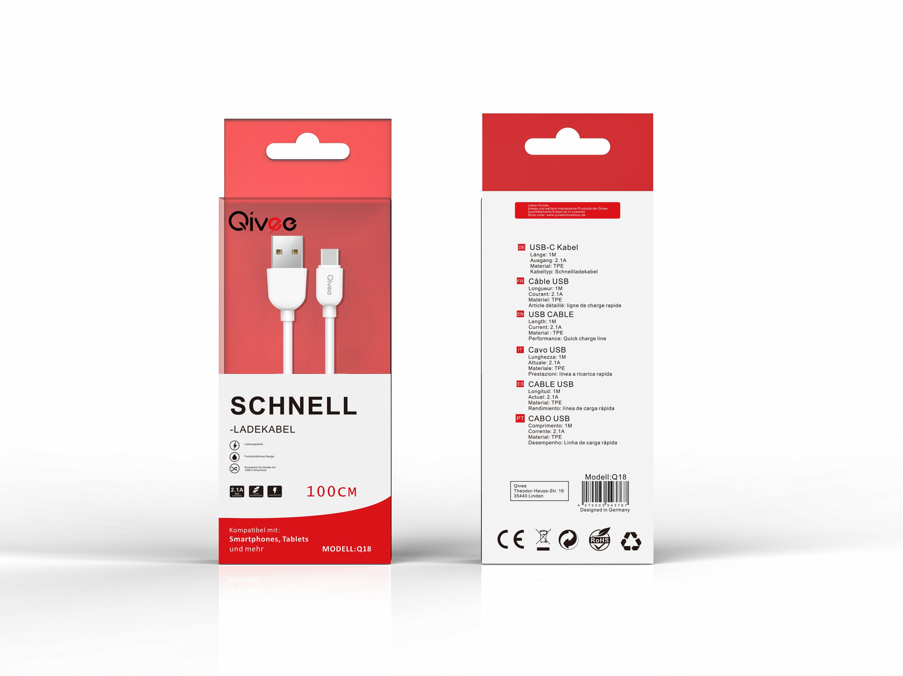 Box mit USB-Kabel. Die Box ist weiß und rot. Text lautet 'SCHNELL', 100 CM.