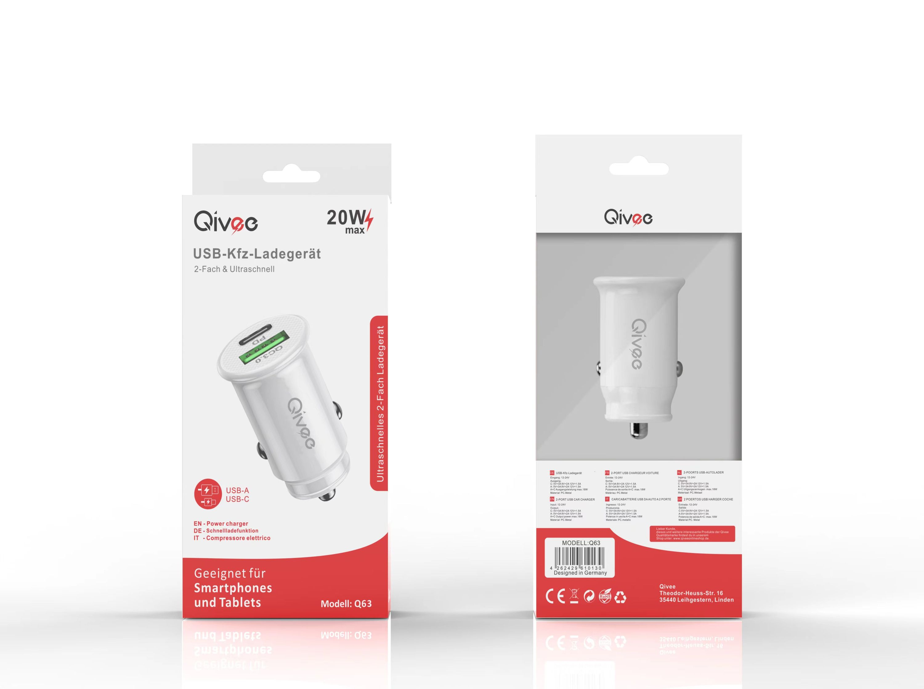 Zwei weiße und rote Qivec USB-Autoladegerät-Boxen, eine zeigt das Ladegerät und die andere die Rückseite mit Details.