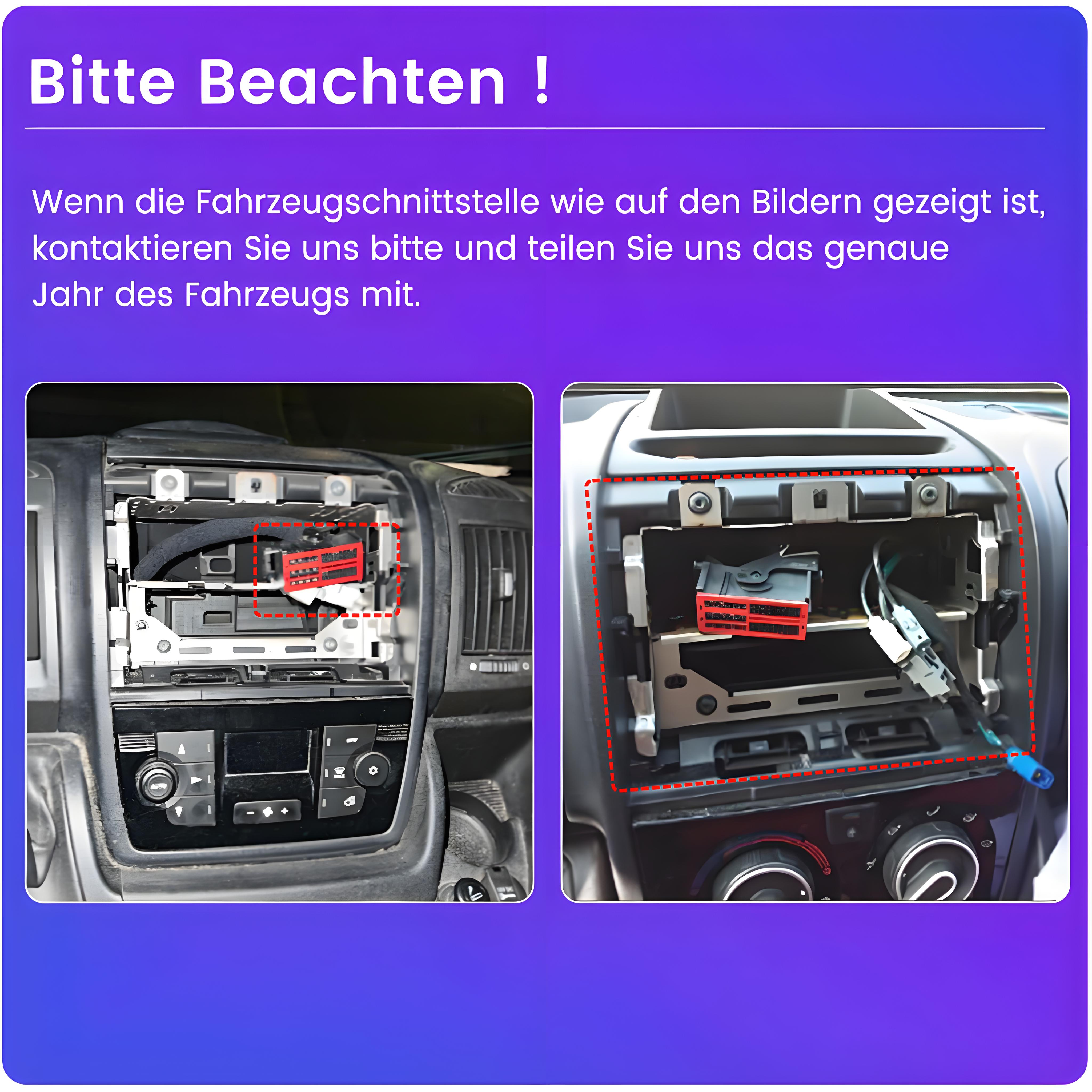 Bilder von Autoradio-Armaturenbrettern mit Anweisungen zu Steckertypen.