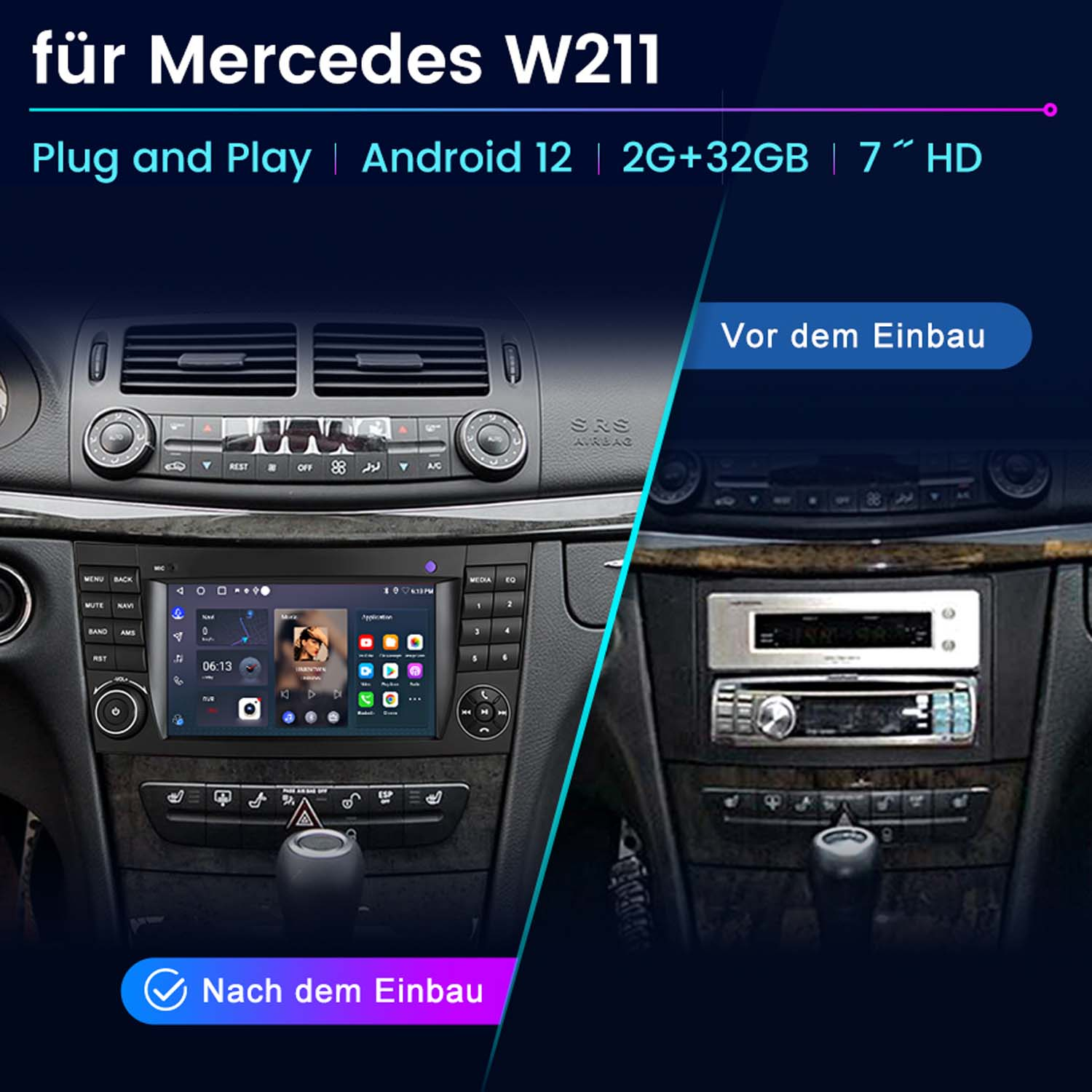 Autoradio vor und nach der Installation. Texte mit Informationen auf dem Bild. Schwarzer Innenraum.