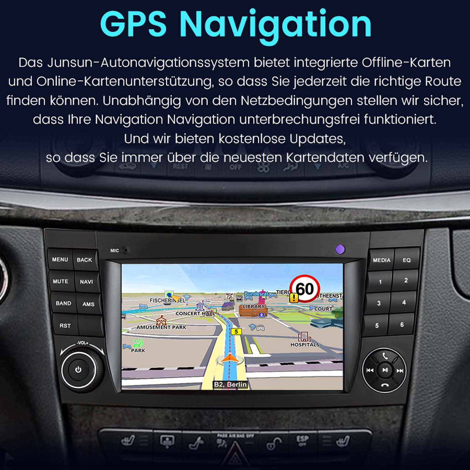 Auto-Armaturenbrett mit GPS-Navigation mit Karte, Knöpfen und Bildschirm.