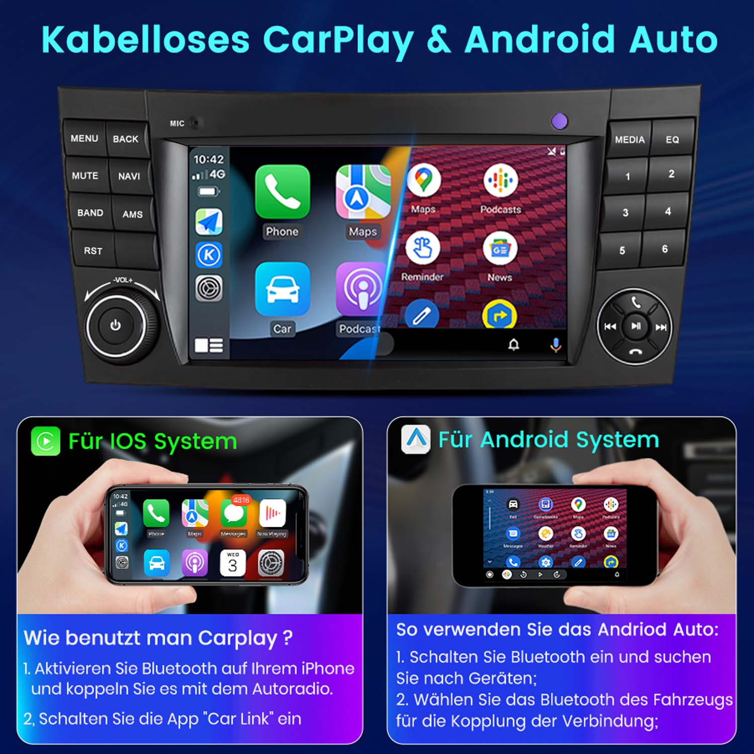 Auto-Audio-Bildschirm mit App-Symbolen und deutschen Textbezeichnungen. Darunter befinden sich zwei Telefone mit Anweisungen.
