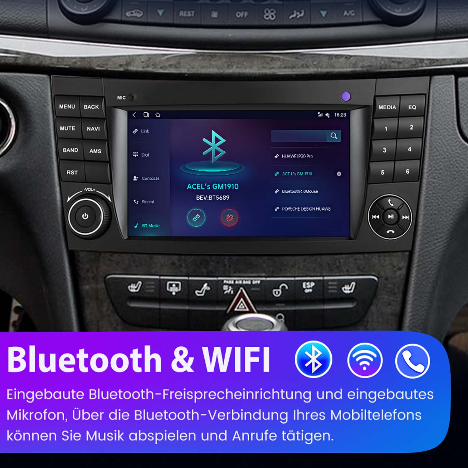 Auto-Dashboard mit Bildschirm, der Bluetooth-Optionen anzeigt. Unter dem Bildschirm befinden sich Tasten für verschiedene Funktionen.