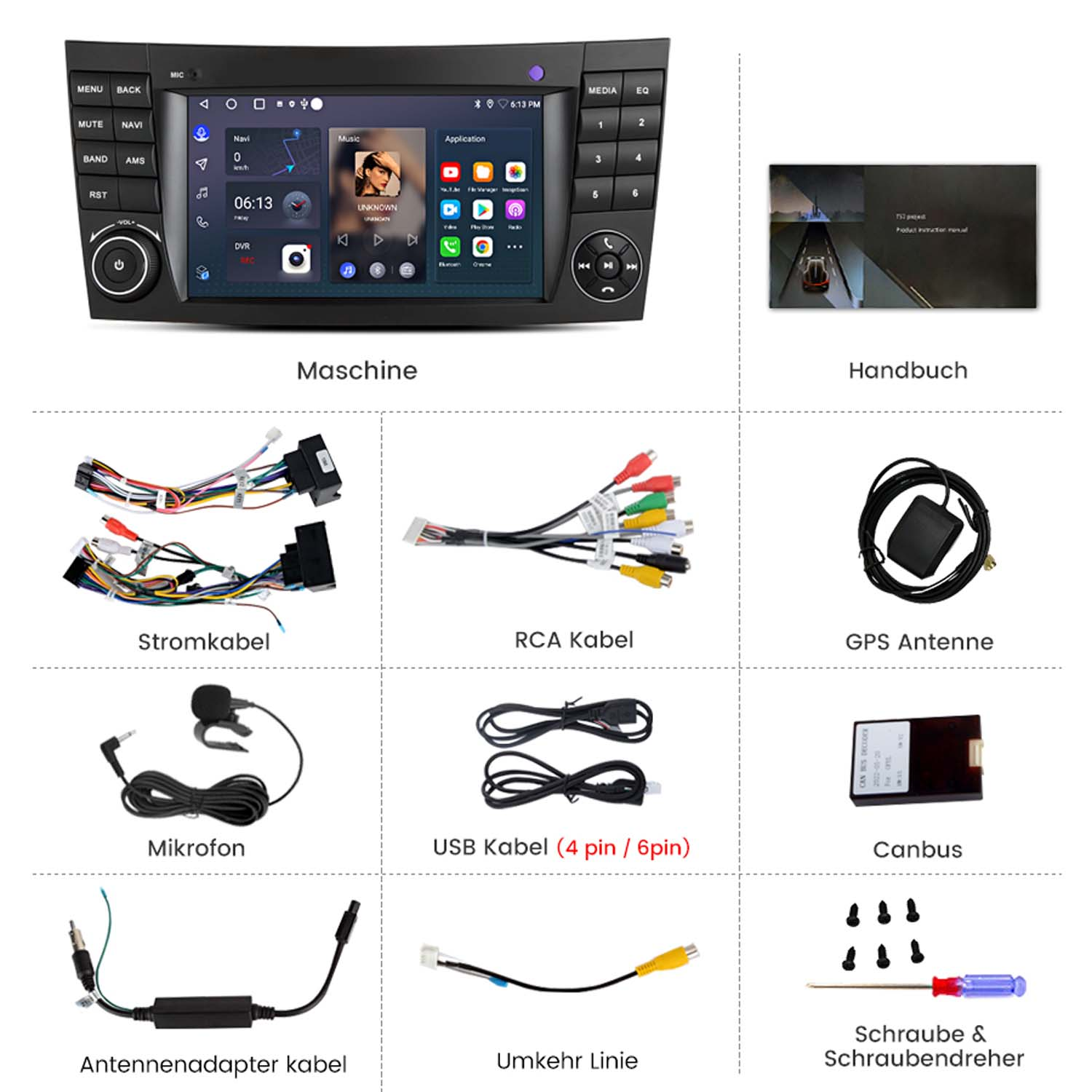 Auto-Multimedia-System mit Touchscreen, Kabeln und Einbaukomponenten.