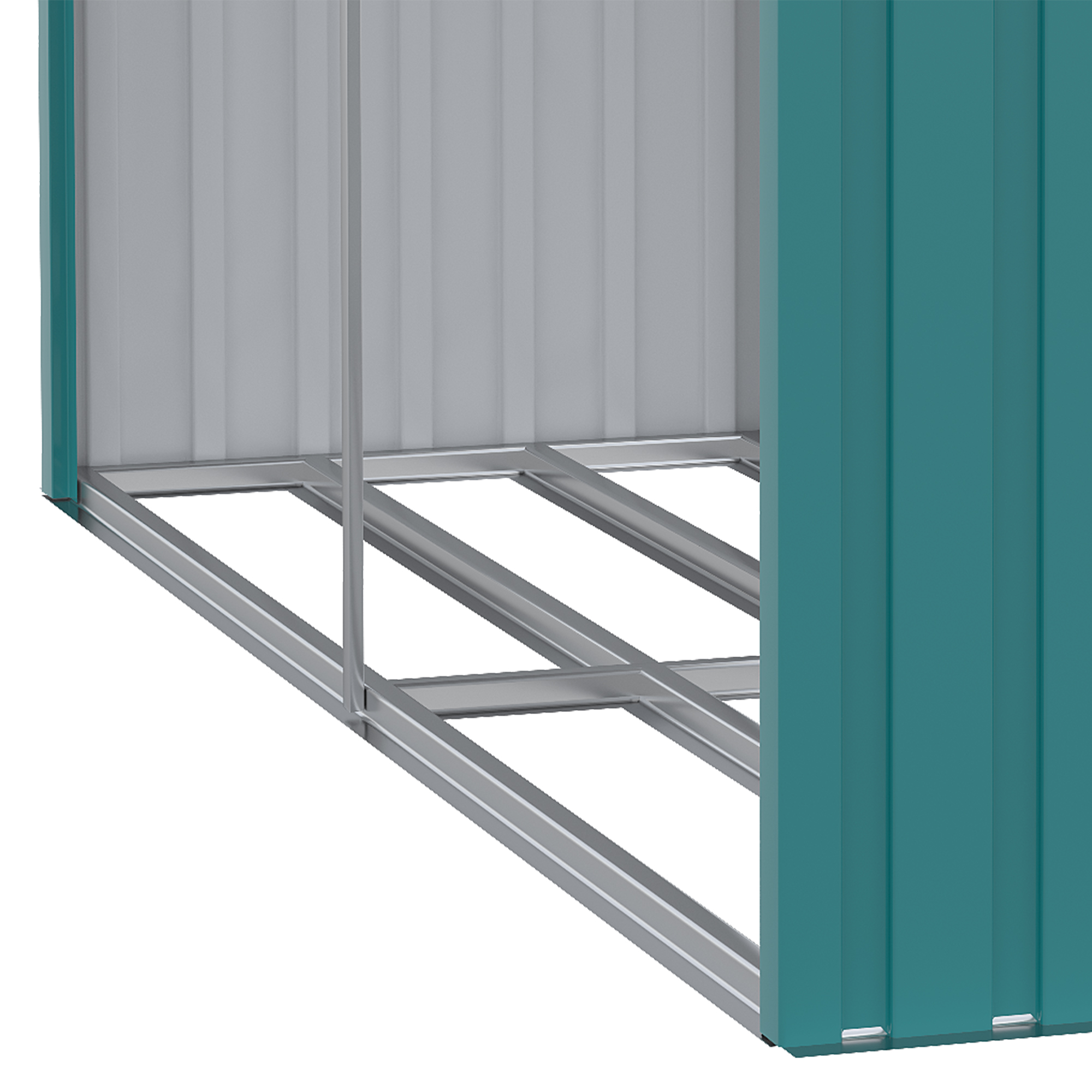 Struttura del capannone in metallo. Pareti color teal. Telaio argentato.