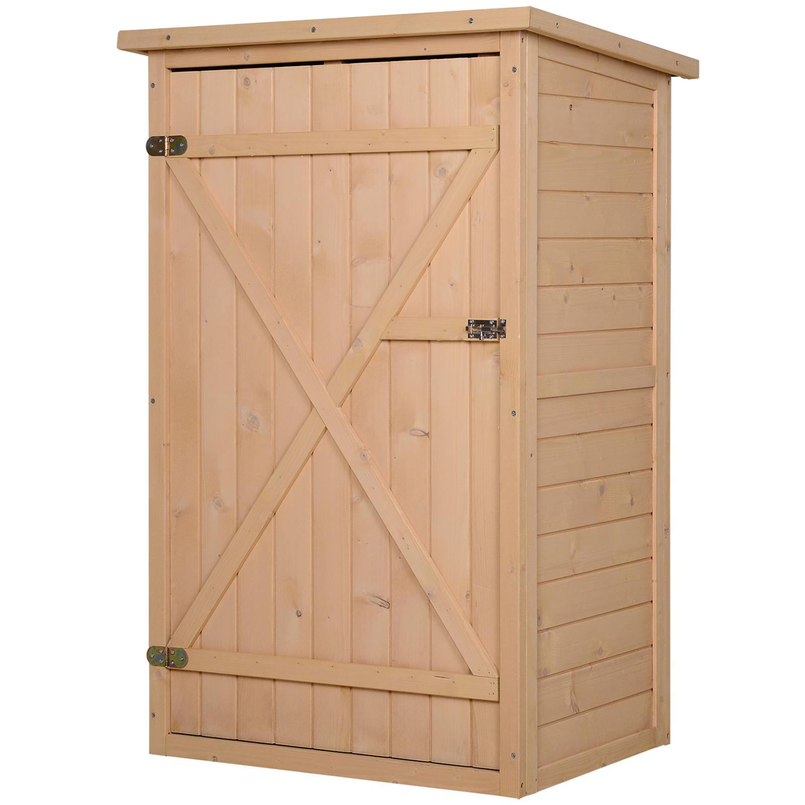 Un armadietto in legno chiaro con un'unica porta assicurata da un rinforzo a forma di X.