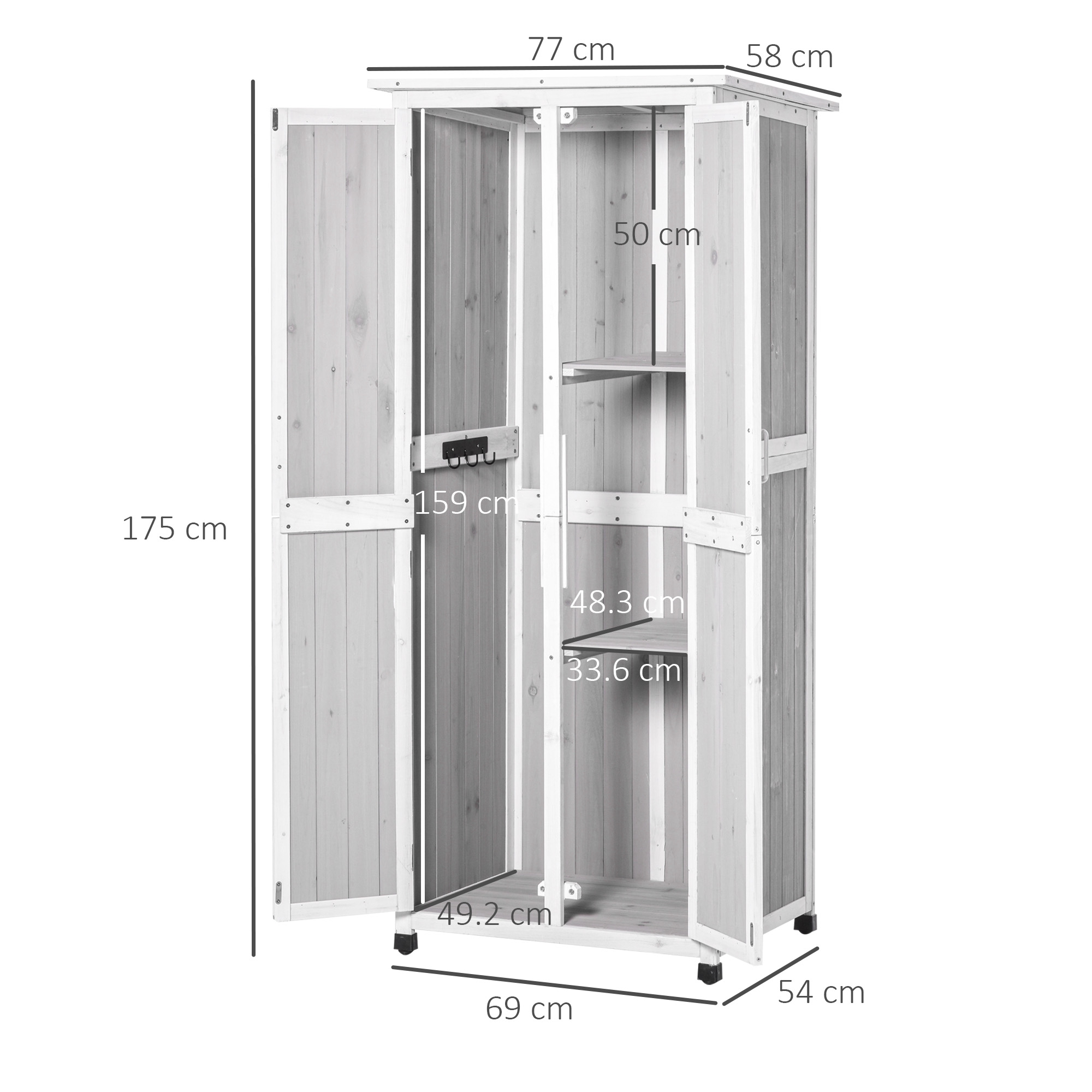 Capanno alto in legno bianco con due porte e dimensioni indicate.