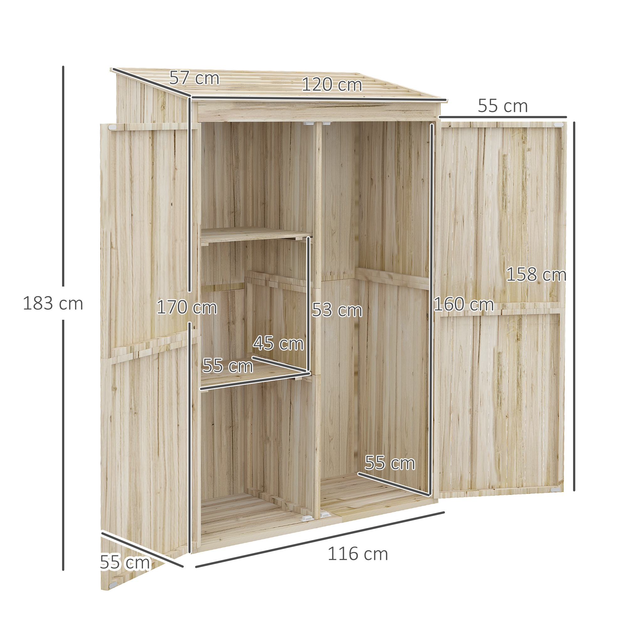 Mobile contenitore in legno con ante aperte che mostrano ripiani.