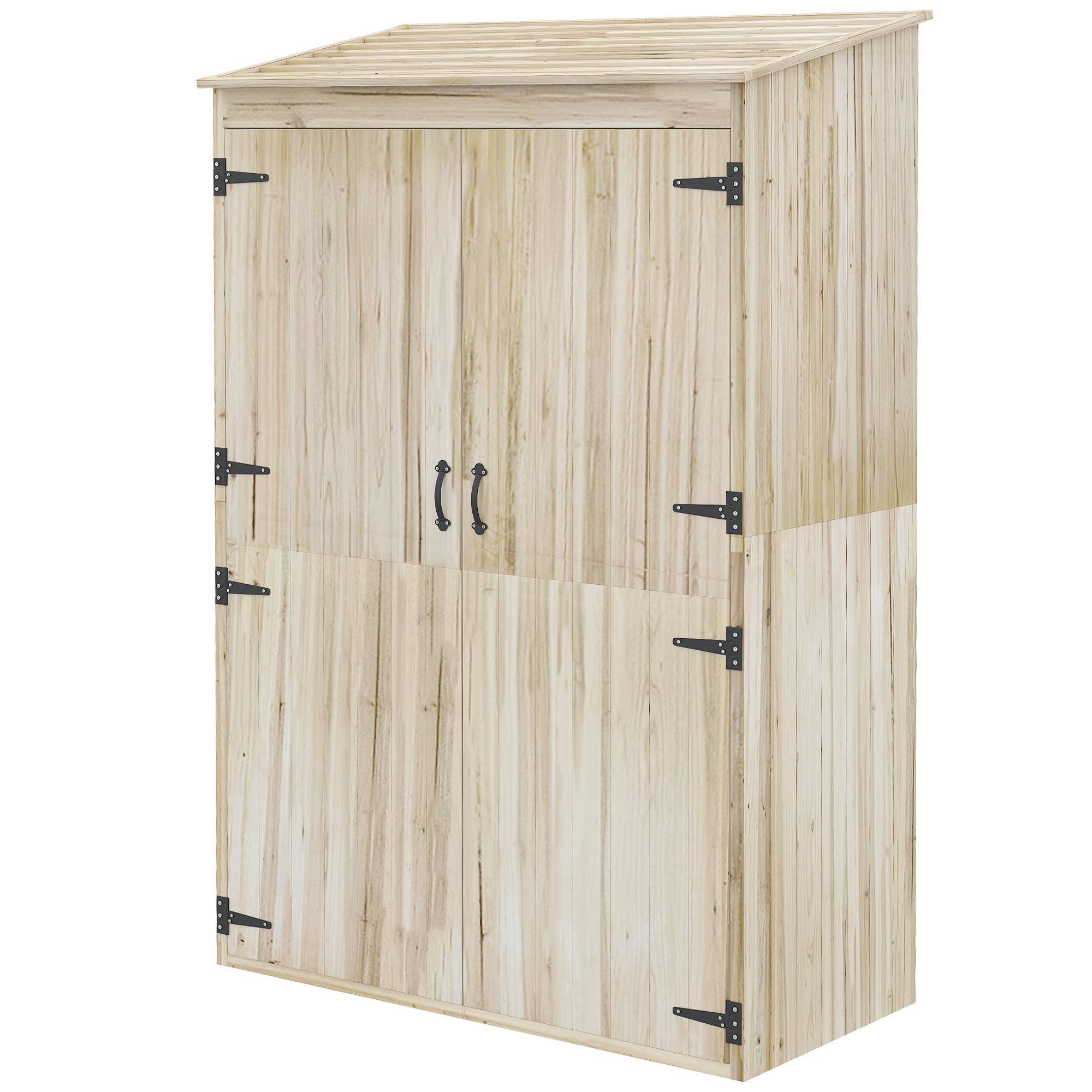 Un armadietto in legno chiaro con tetto spiovente e design a doppia anta.