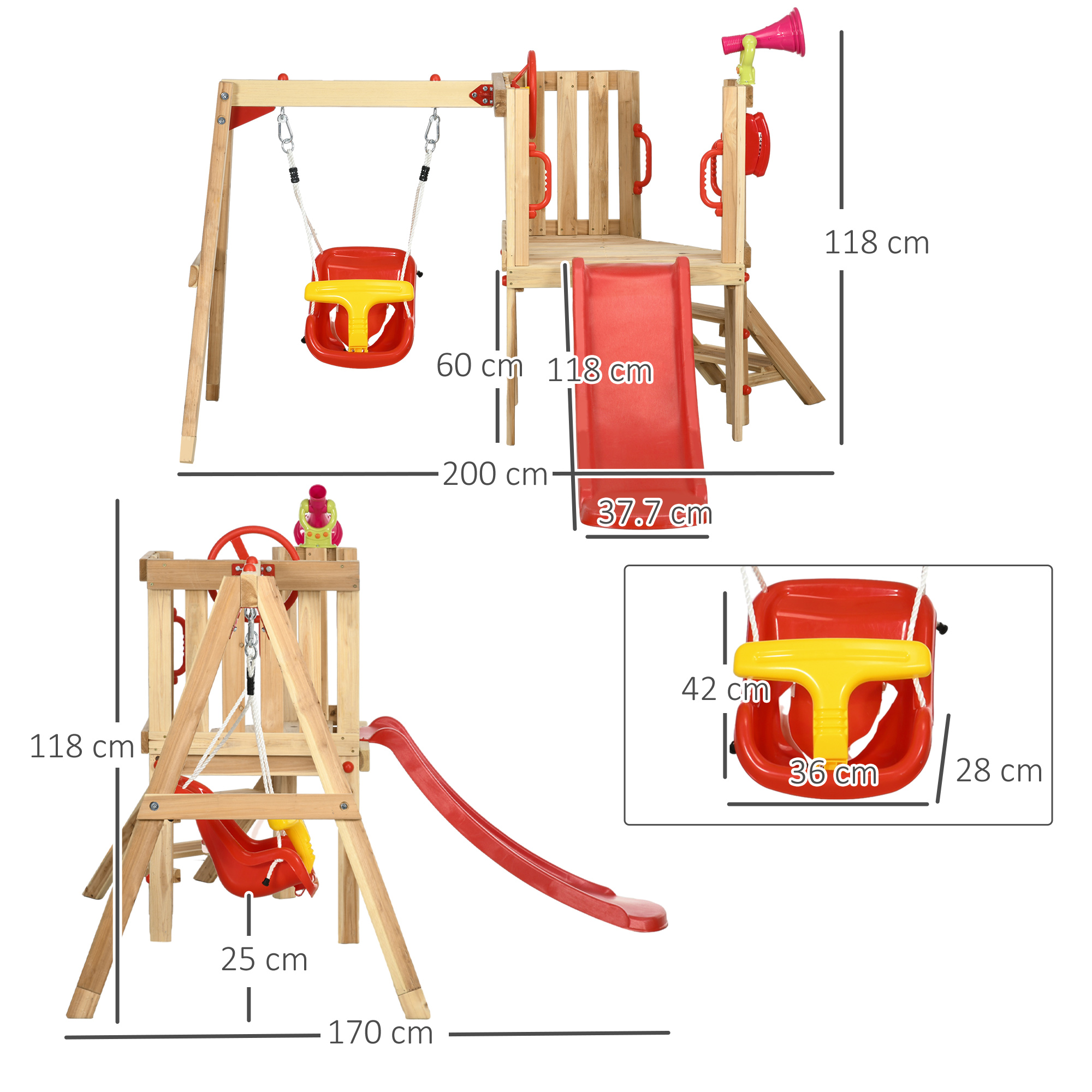 Parco giochi in legno con altalena, scivolo e elementi per arrampicata. Dimensioni dei componenti indicate.