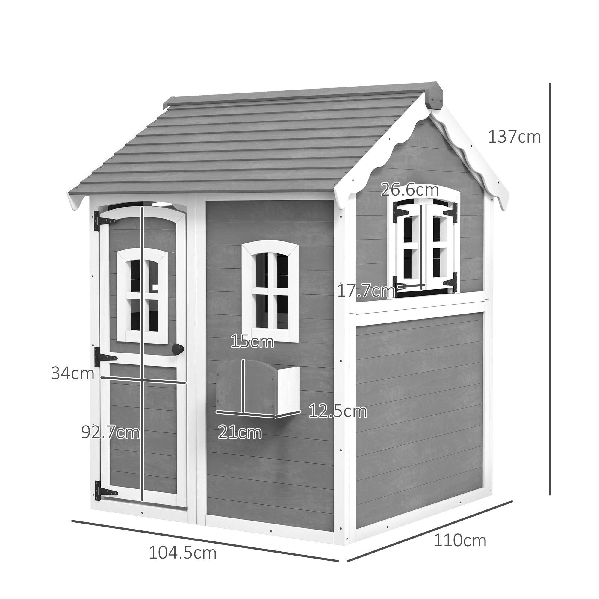 Casina grigia con finiture bianche, finestre e dimensioni. Ha un tetto spiovente.