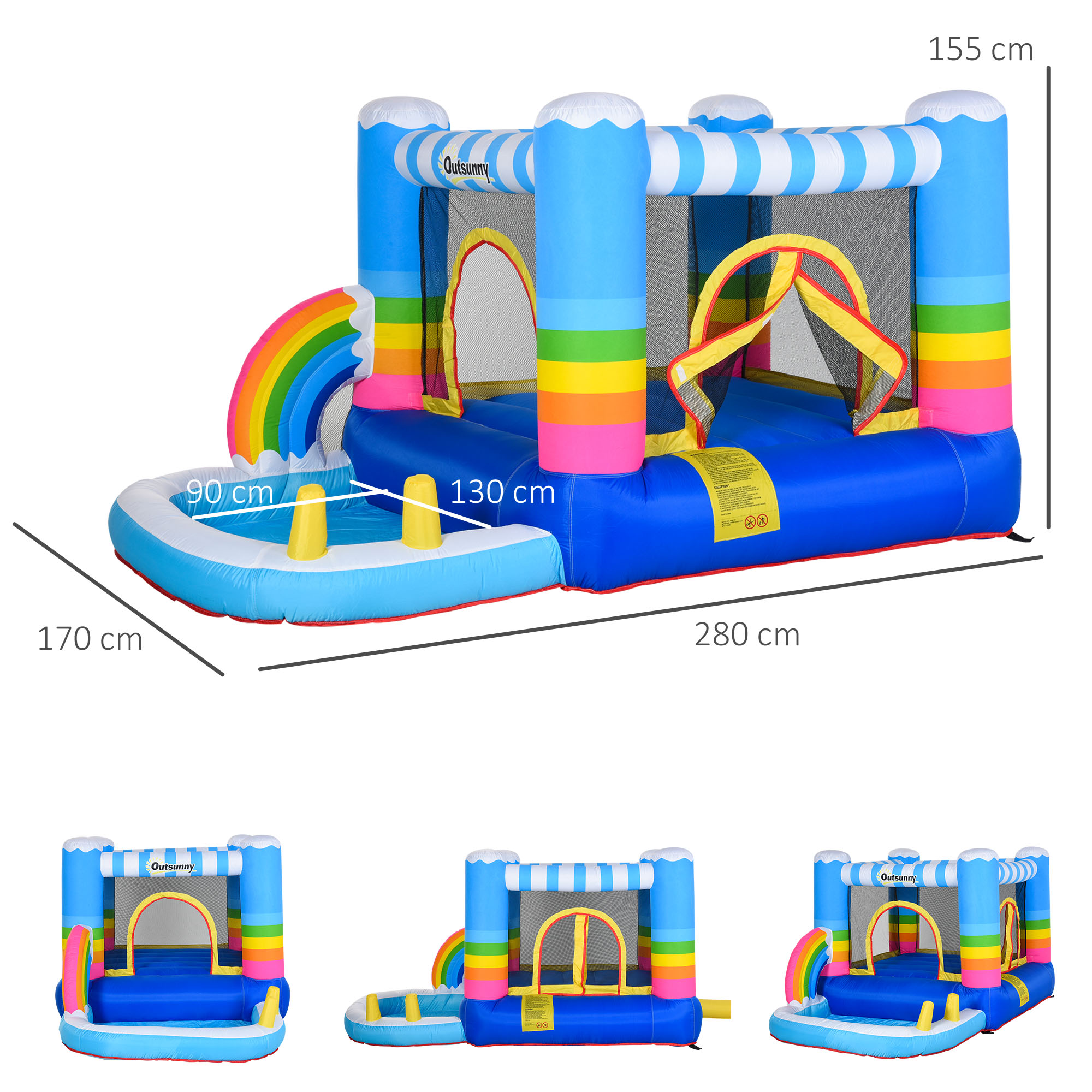 Castello gonfiabile con scivolo, arco arcobaleno e dimensioni. È blu e colorato.