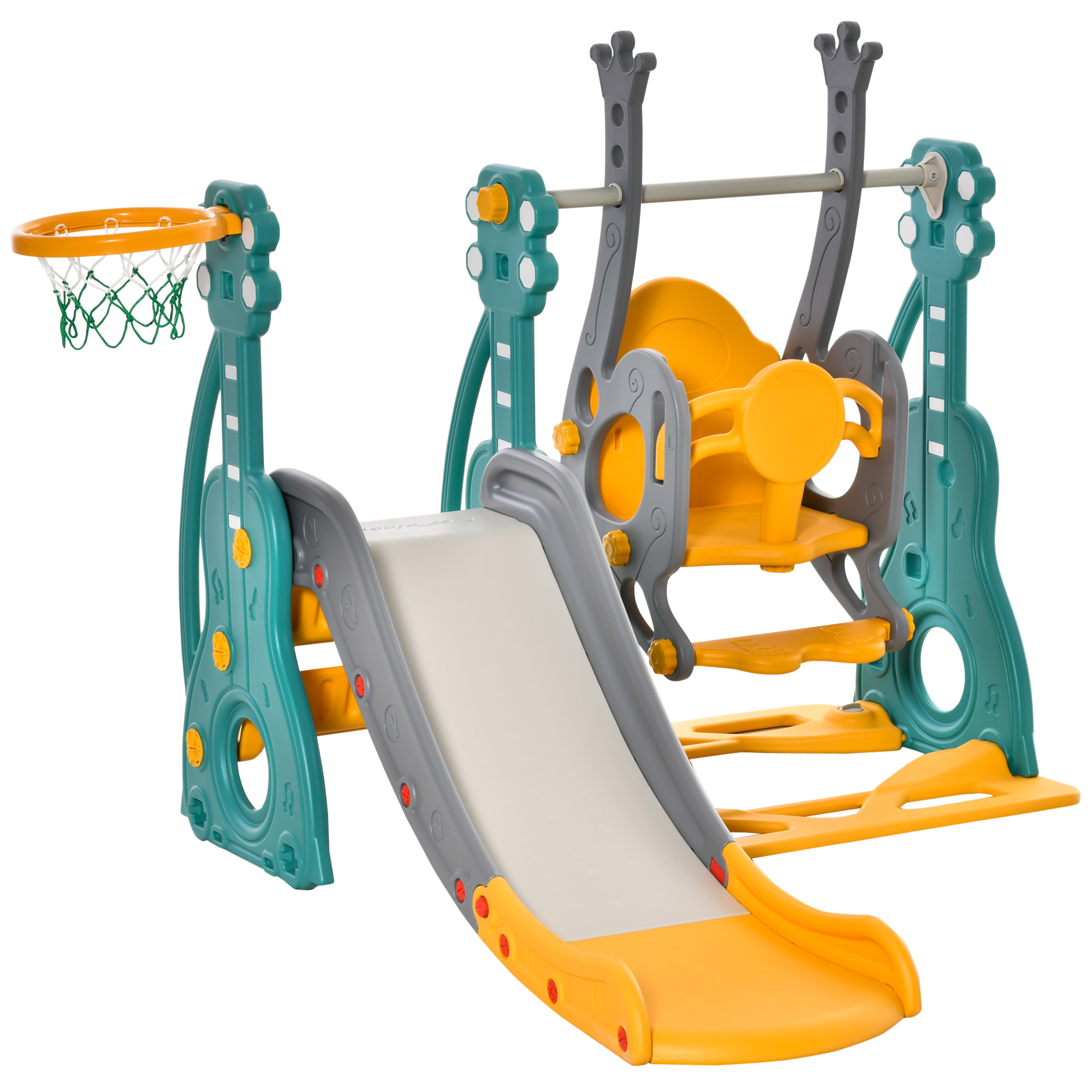 Set da parco giochi colorato con scivolo, altalene e canestro da basket. Sfondo bianco.