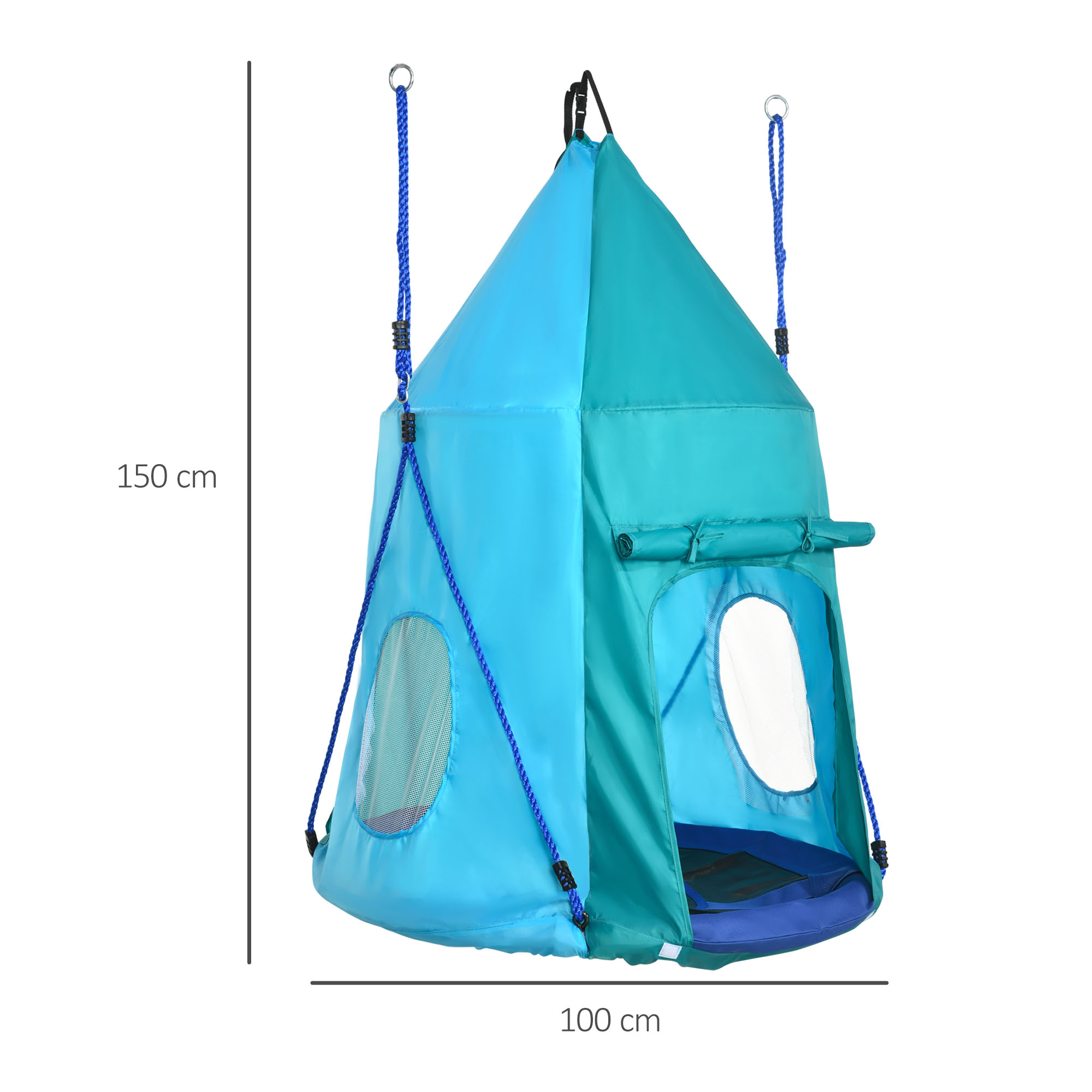 Una struttura a forma di tenda azzurra con corde blu appese dall'alto, con uno spazio aperto.