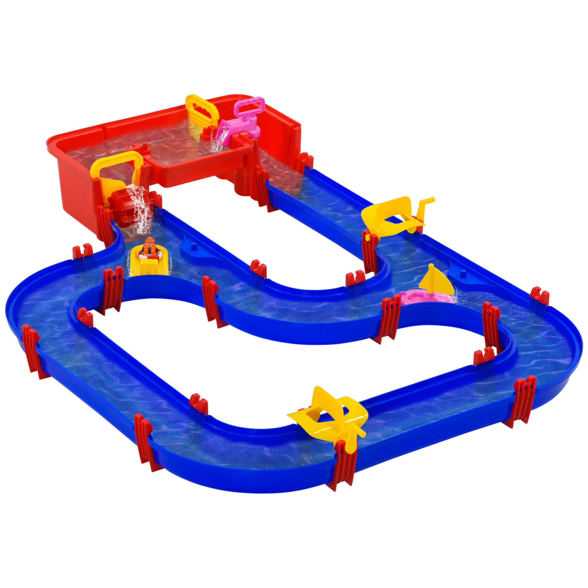 Un set da gioco d'acqua per bambini con un percorso blu tortuoso, elementi rossi e accessori gialli.
