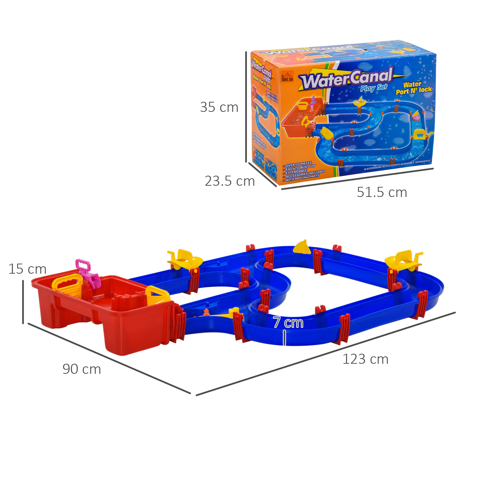 Un set di giochi per canali d'acqua giocattolo è mostrato con le misure. Sono visibili una scatola, binari blu e componenti rossi.