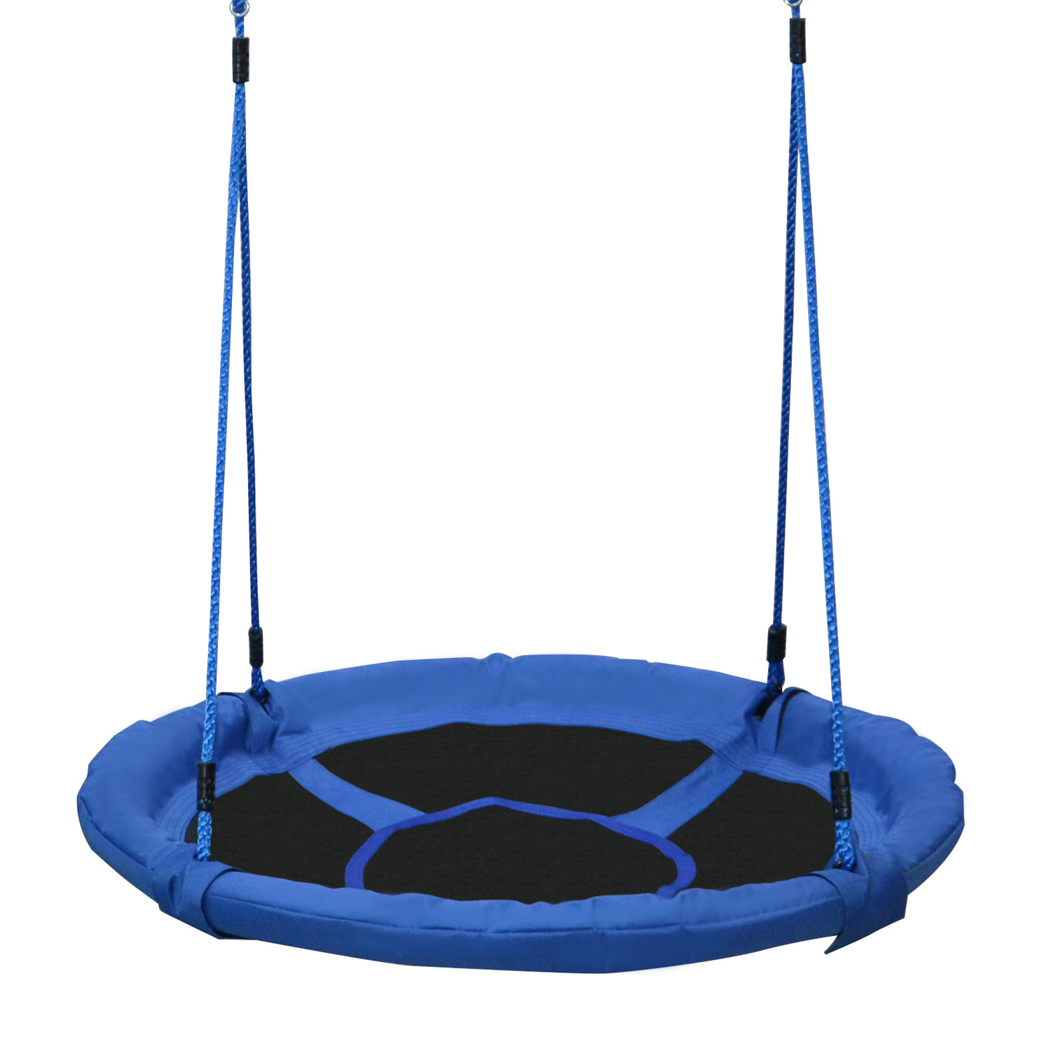 Altalena rotonda blu, appesa a due corde blu, con seduta in rete nera.