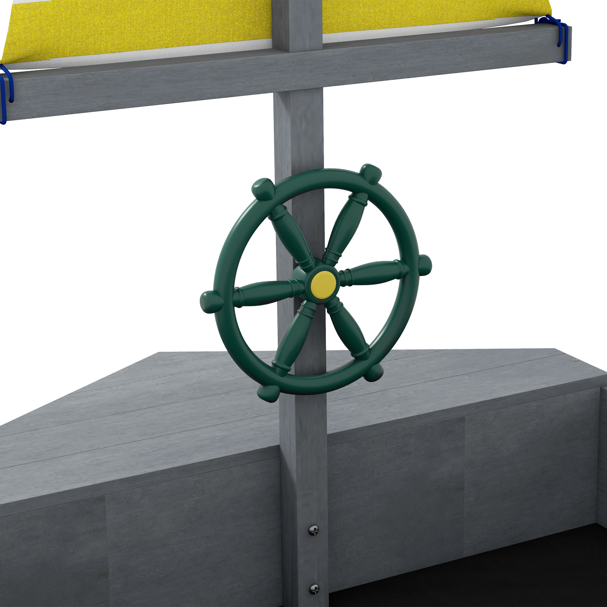 Un set da gioco a tema barca con un timone e una tenda parasole gialla.