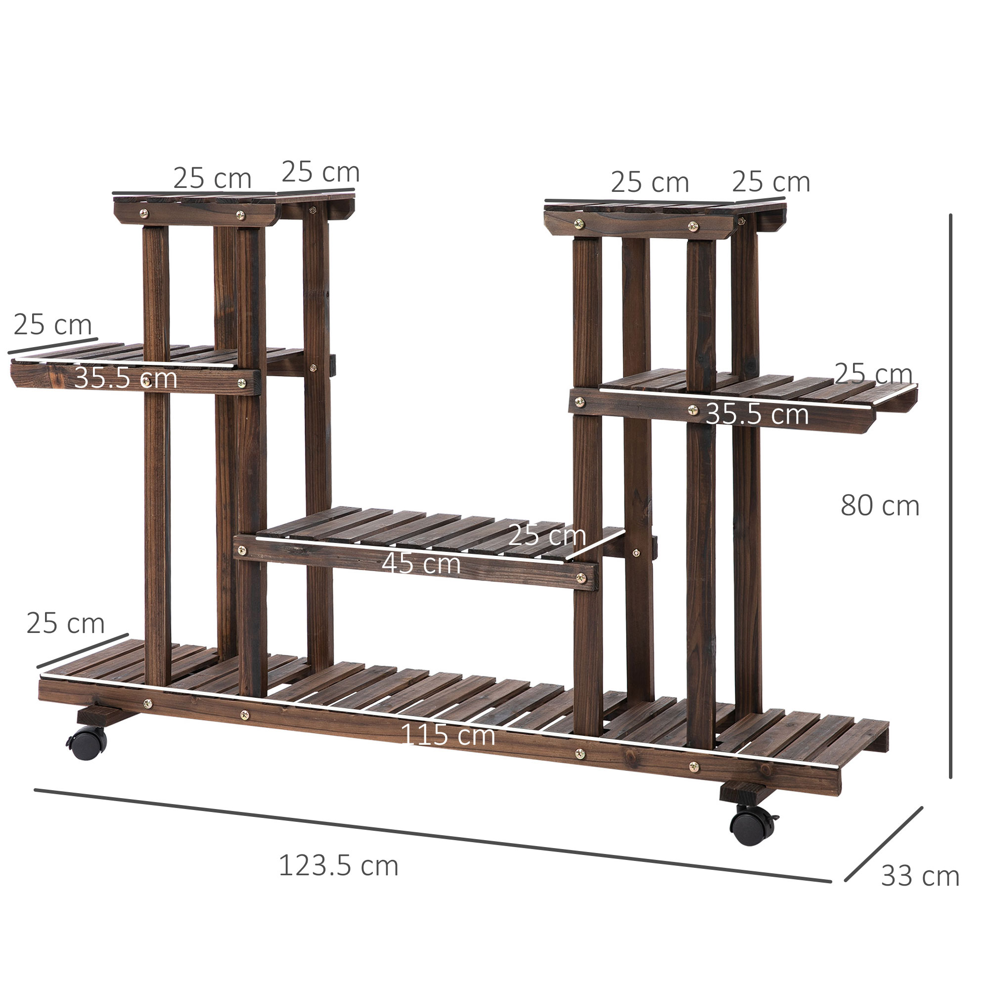 Supporto per piante in legno con più ripiani. Colore marrone scuro. Le misure sono indicate.
