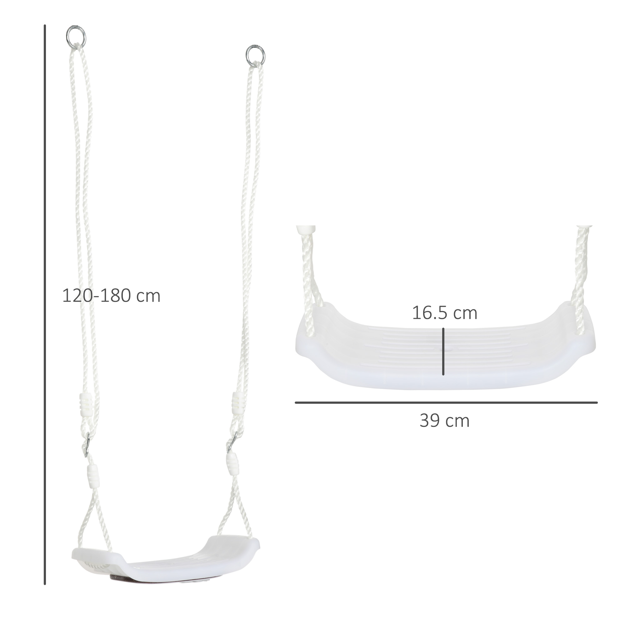 Un'altalena in plastica bianca con dimensioni. Ha un sedile e delle corde bianche. Le dimensioni sono indicate.