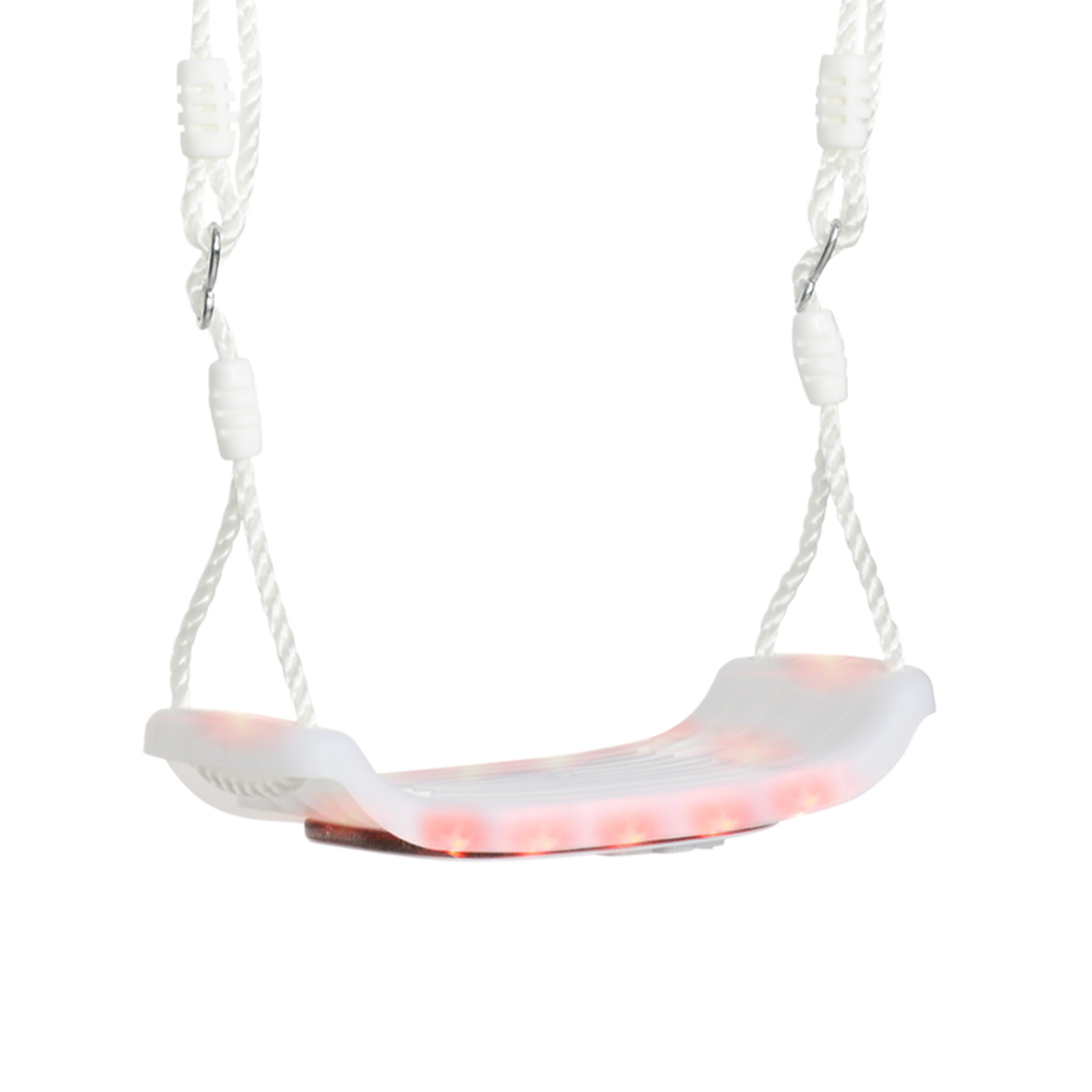 Altalena bianca con luci rosse e arancioni. Corde bianche. Sfondo bianco.