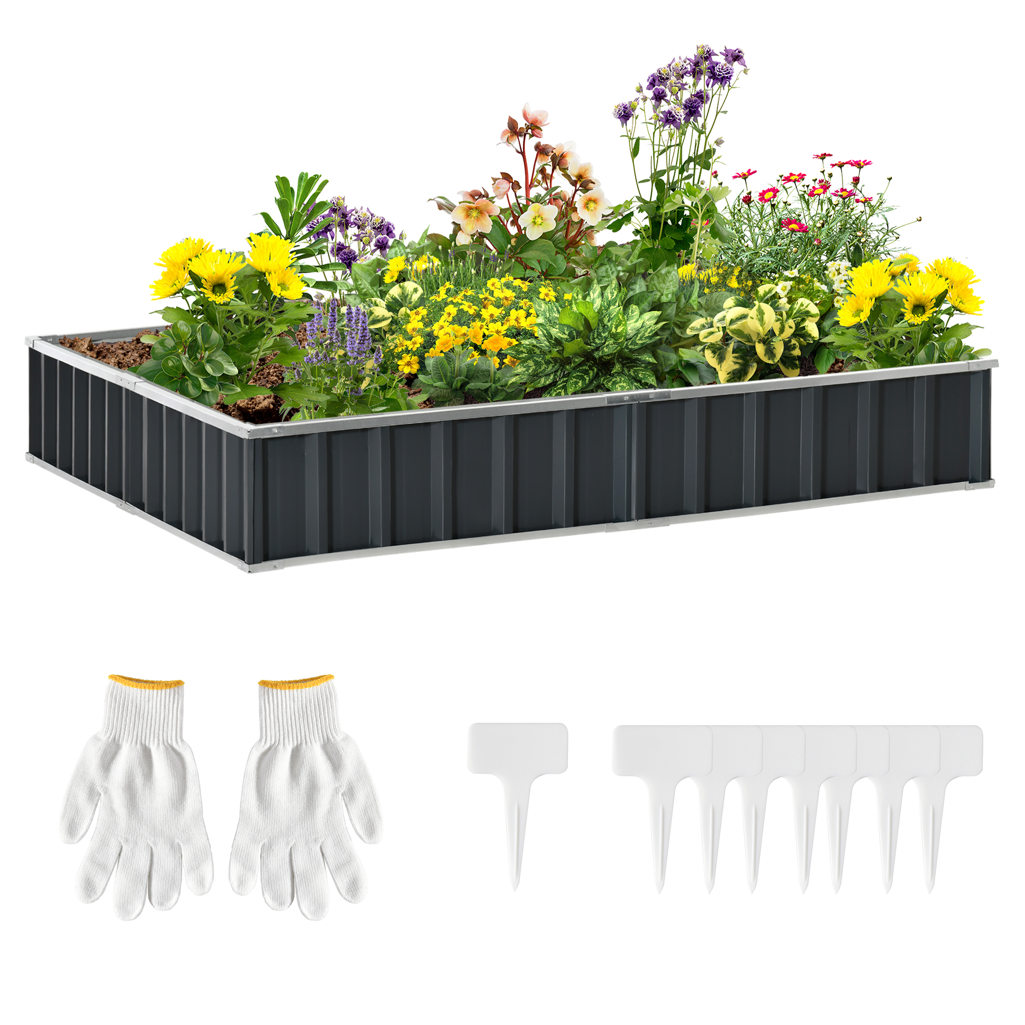 Un'aiuola rettangolare con fiori e guanti. Sono presenti anche guanti bianchi e segnaposto per piante.